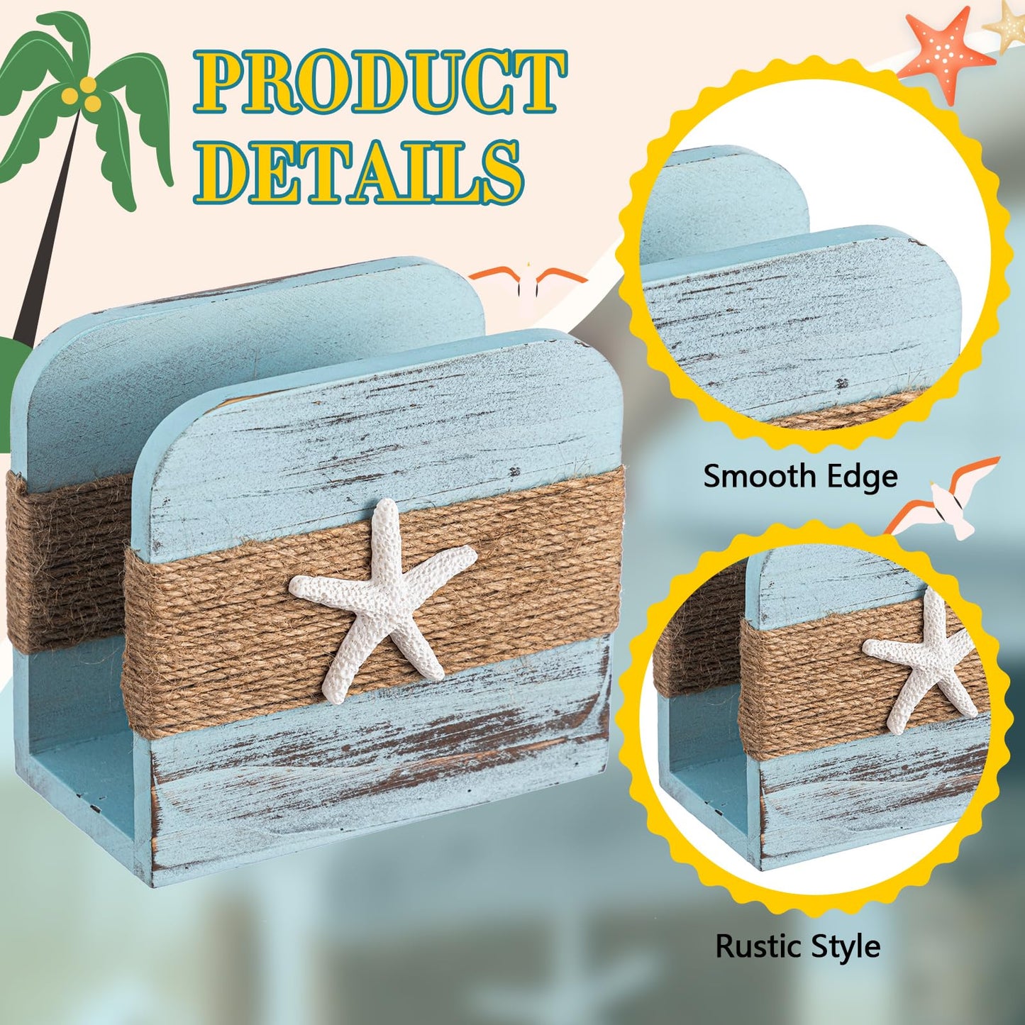 Fiwochic Natural Wooden Napkin Holder, Farmhouse Napkin Holders Upright Wooden Tissue Dispenser for Kitchen Dining Room Table Decor Indoor & Outdoor Use (Beach Style,Blue)