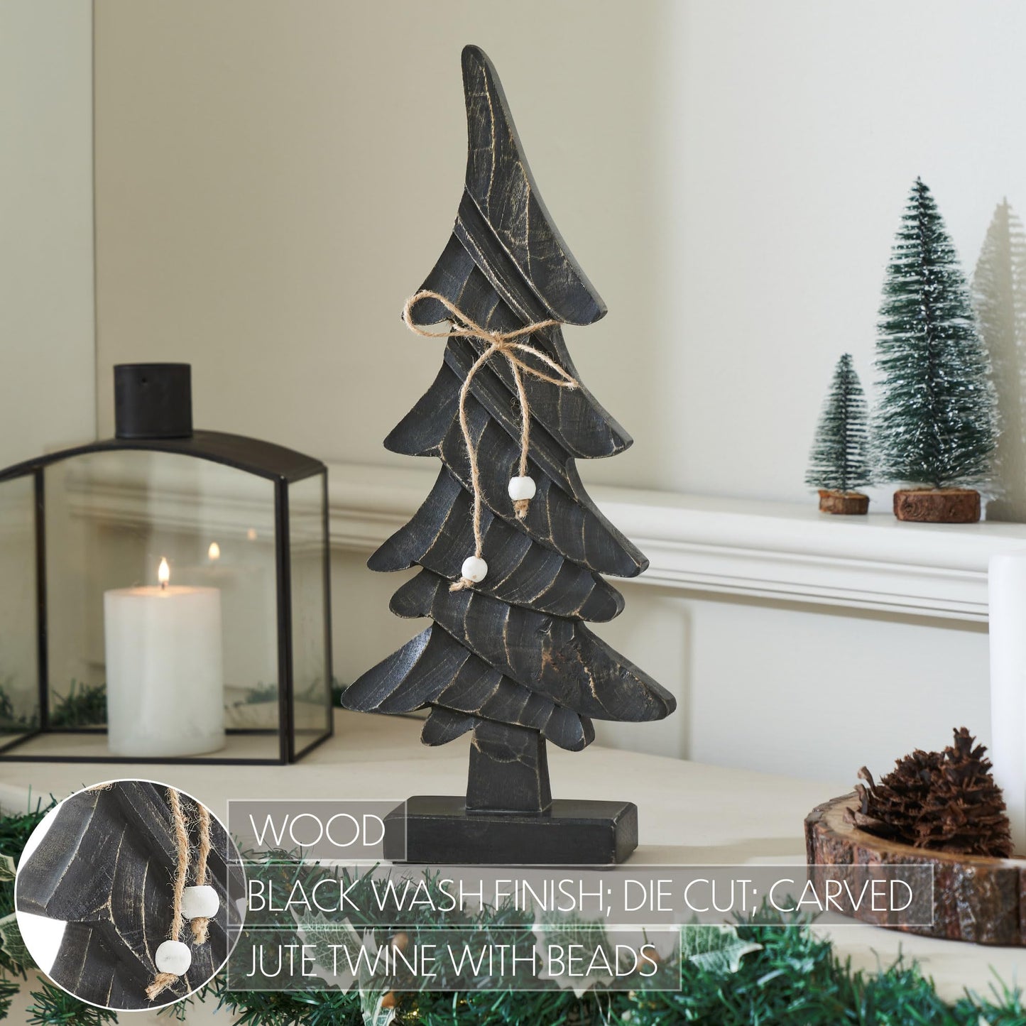 VHC Brands Primitive Pine Distressed Black Wooden Tree 17x7x2