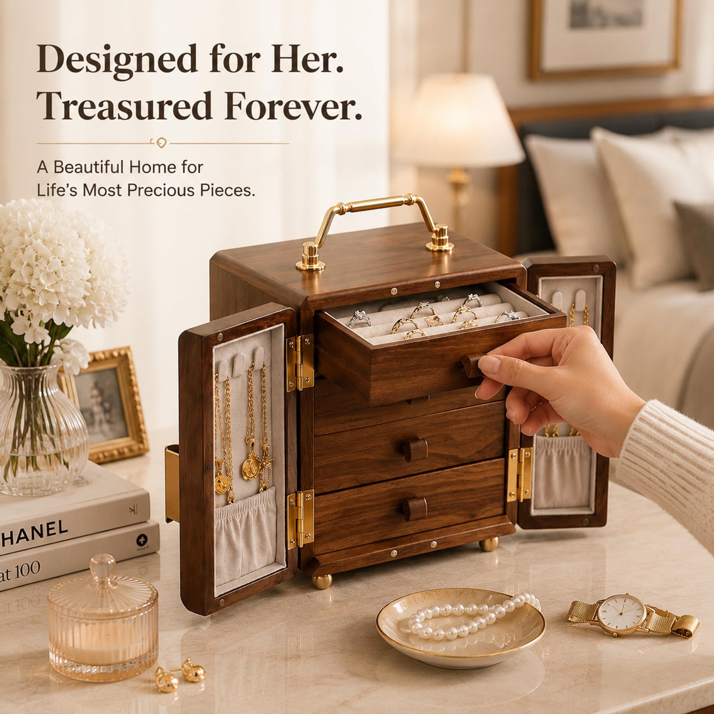 Black Walnut Wood Jewelry Organizer Box, 4-Layer Dustproof Storage ,Jewelry Case for Rings, Earrings & Necklaces – Ideal Gift for Anniversaries, Weddings, Birthdays, Mother’s Day & Valentine’s Day