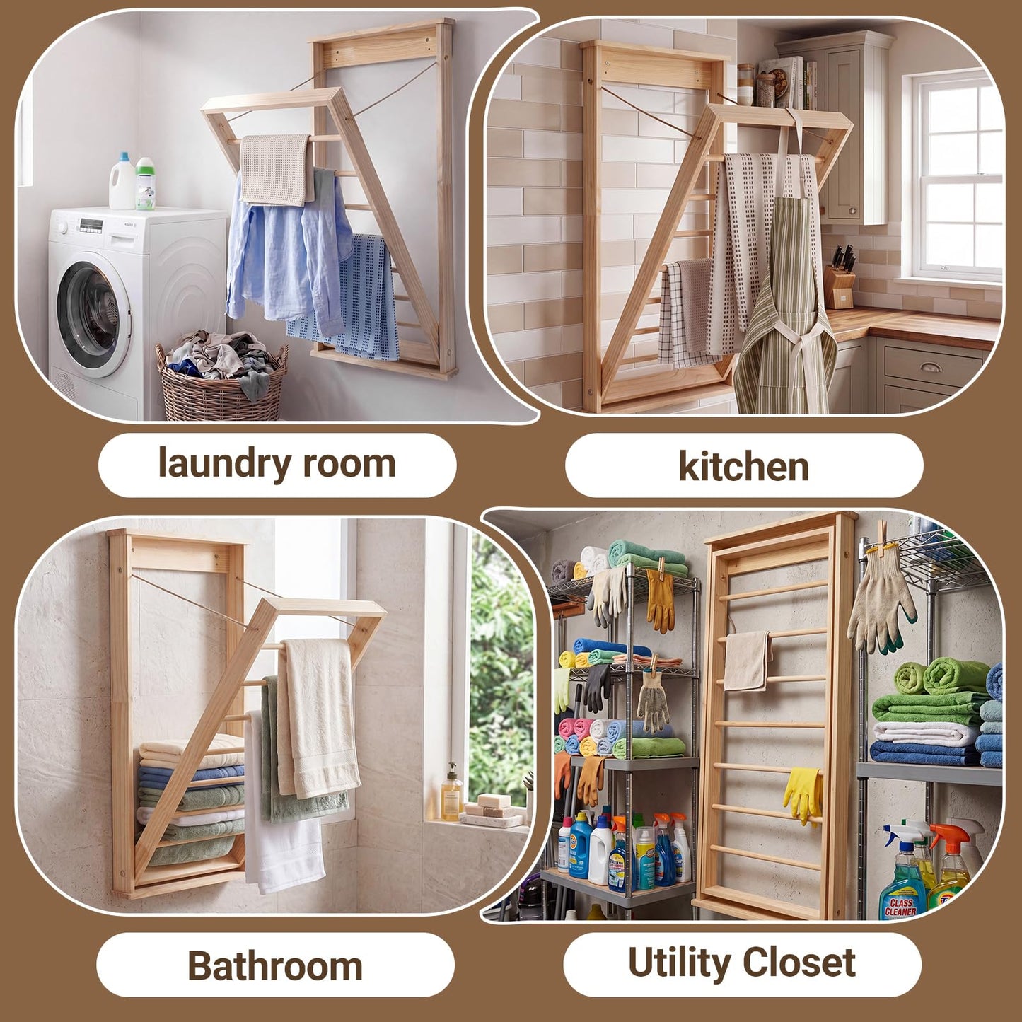Novabright 1 Pcs Wall Mounted Drying Rack with Wooden Rod, Foldable Space-Saving Hanging Clothes Drying Rack for Laundry Room Storage Bathroom (40 x 19 x 3 Inch,Wood)
