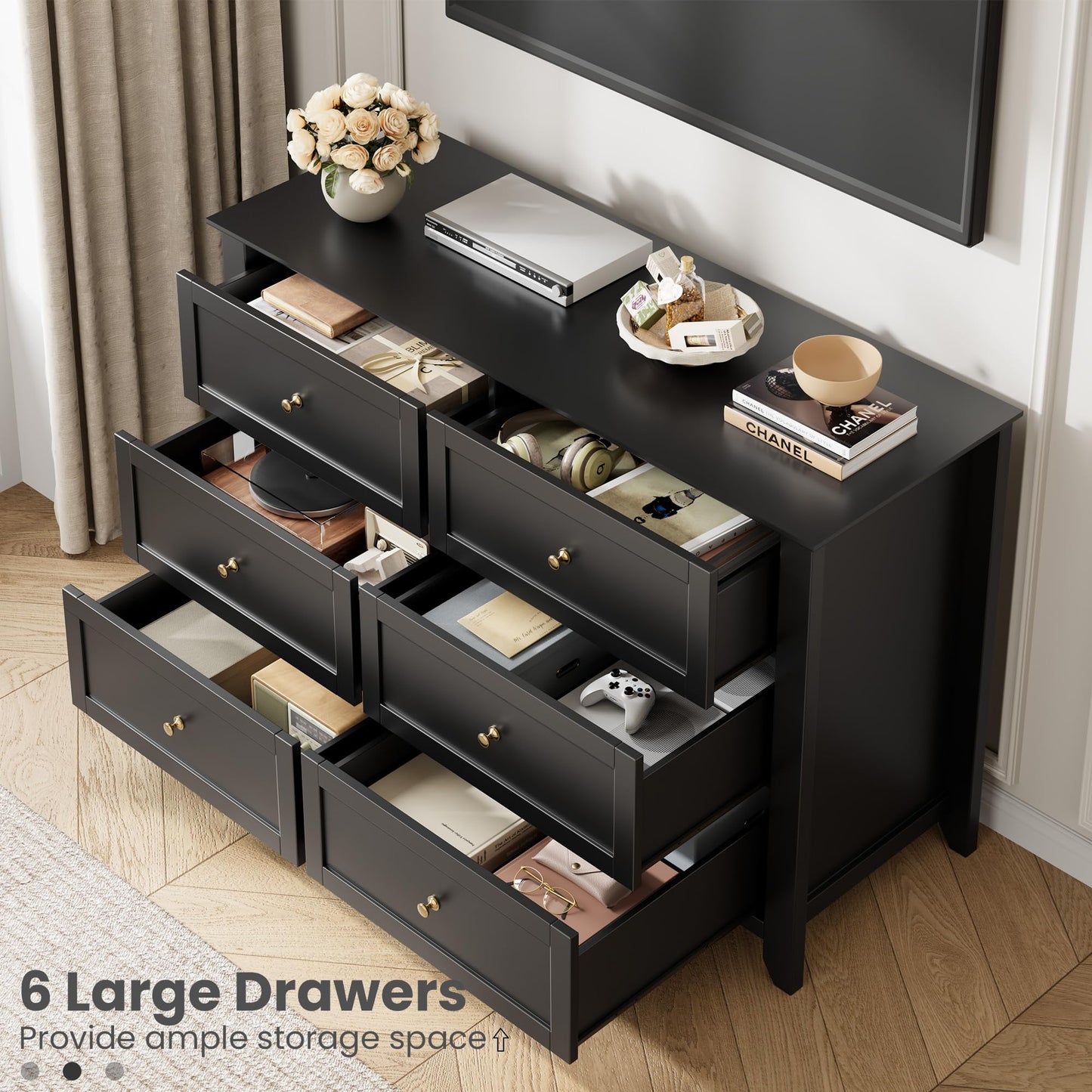 Garvee 6 Drawer Dresser for Bedroom, 47.2" Wide Modern Large Chest of Drawers with Metal Knobs, Wooden Clothes Storage Organizer for Closet, Nursery, Living Room, Apartment, Black