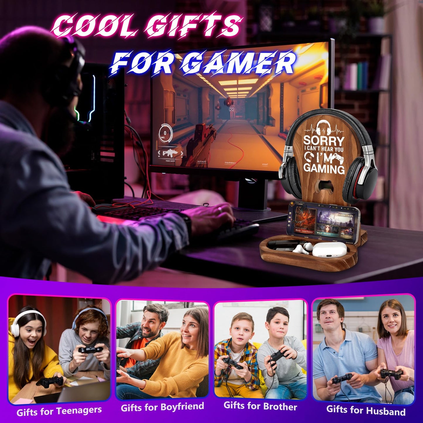 CryCarrot Gamer Gifts for Men Teenage Boys Birthday Fathers Day, Headphone Stand Gaming Birthday Gifts for Him Men Son Boyfriend Brother, Gamer Lovers Room Decor Stuff Wooden Headset Holder
