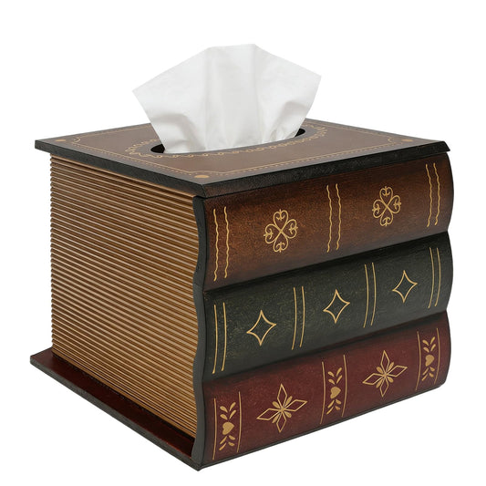 Crafted Classical Retro Wooden Antique Book Tissue Box Cover Square Tissue Holder Dispenser Paper Case Napkin Holder Home Decor for Bathroom Living Room Office Kitchen Car Farmhouse
