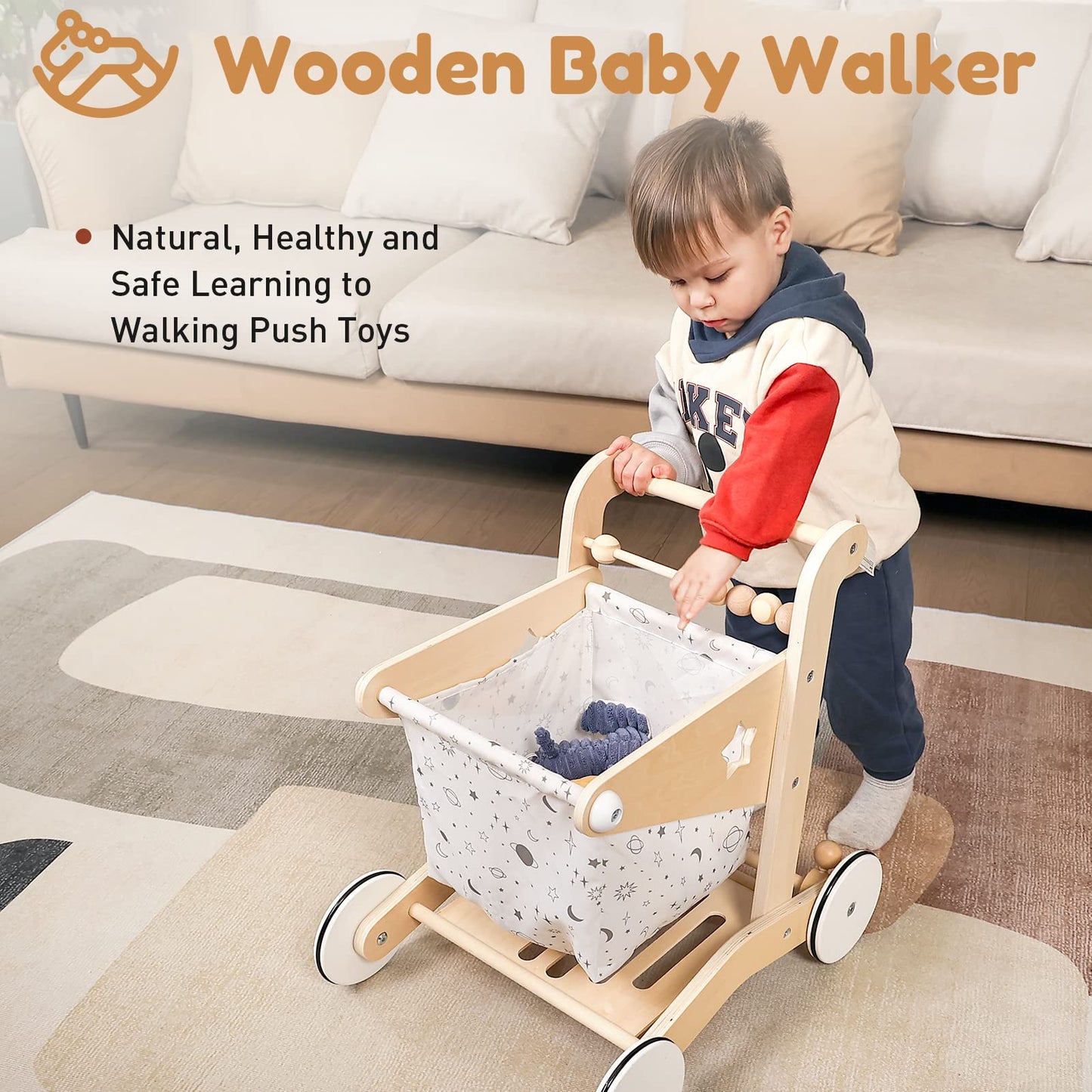 Woodtoe Wooden Baby Walker Doll Stroller, Adjustable Speed Shopping Cart for Toddlers 1-3, Baby Push Walker, Pretend Play Grocery Wagon, Baby Push Toys, Montessori Birthday Toy Gift for 1 2 3 Year Old