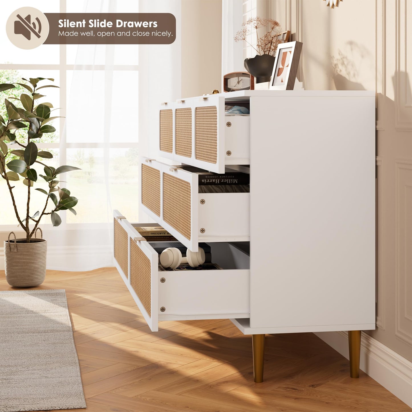GarveeHome Rattan 7 Drawer Dressers for Bedroom, Tall Dresser with Deep Drawers, Large Chest of Drawers for Closet with Wide Top, Long Wooden Dresser for Living Room, Hallway, Kids Room, White