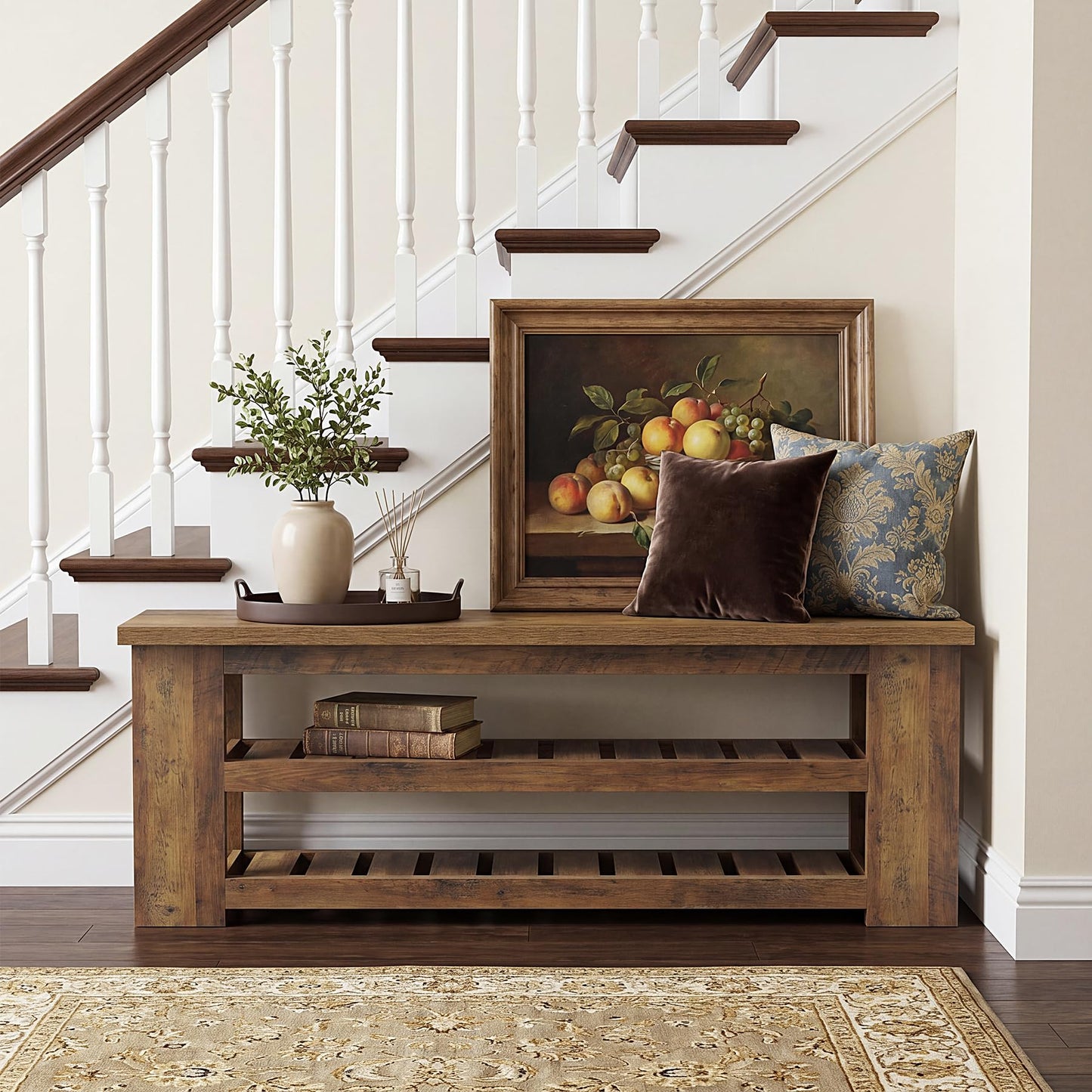 LITTLE TREE Entryway Bench, 55" Wood Shoe Bench, Farmhouse End of Bed Bench with 2-Tier Storage Shelves, Dining Bench for Entryway, Living Room, Bedroom, Hallway, End of Bed, Rustic Brown
