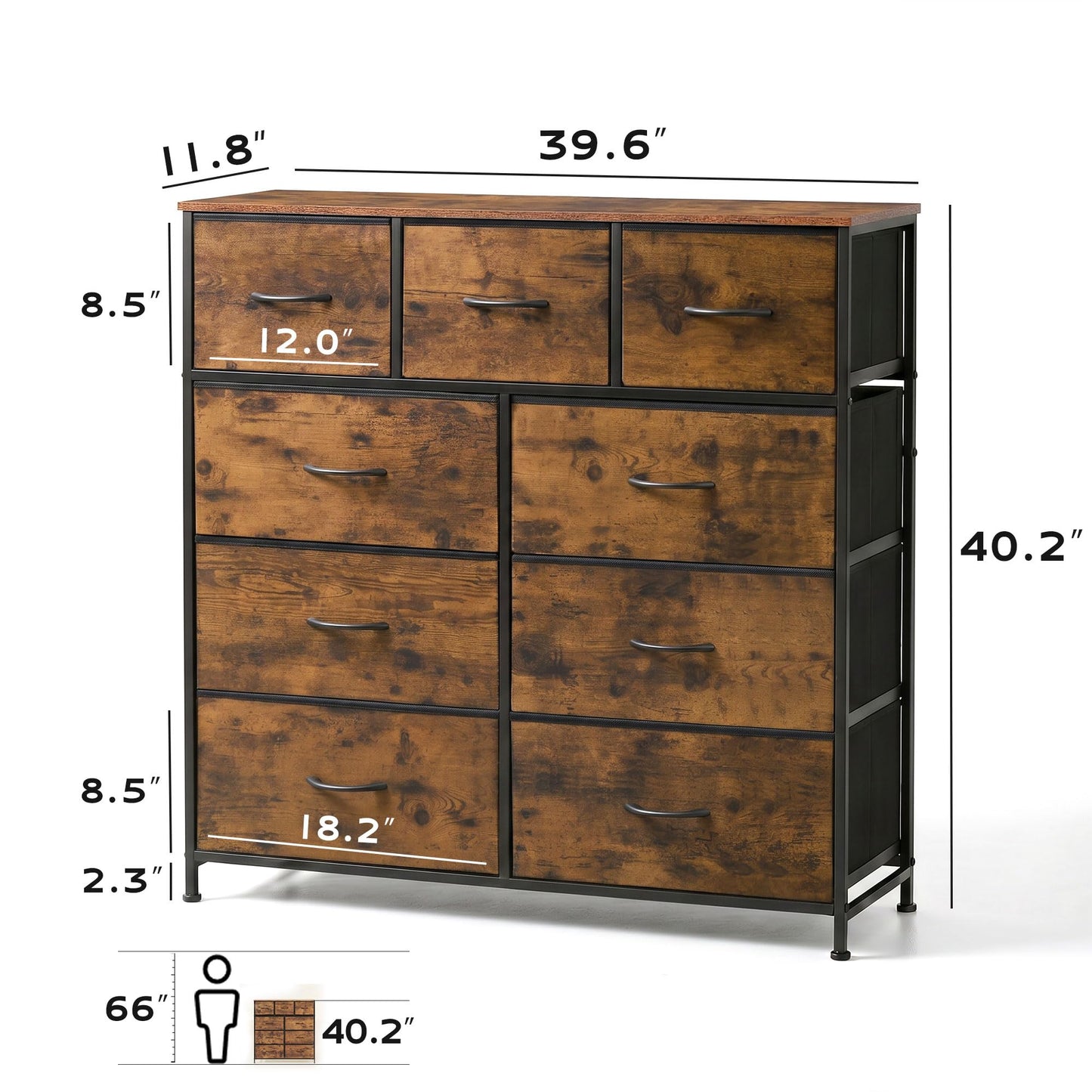 WLIVE 9-Drawer Dresser, Fabric Storage Tower for Bedroom, Hallway, Entryway, Closet, Tall Chest Organizer Unit with Fabric Bins, Steel Frame, Wood Top, Easy Pull Handle, Rustic Brown Wood Grain Print