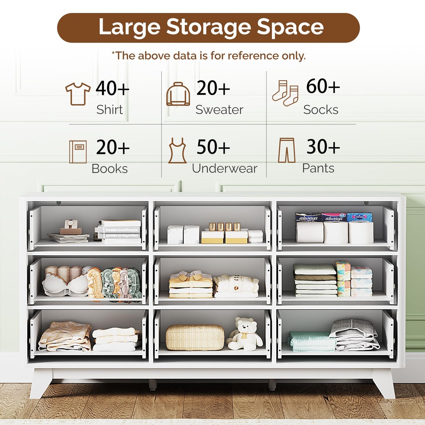 VINGLI 9 Drawer Dresser White Fluted Dresser for Bedroom with Rounded Edges, 57" Long Wood Dressers White and Gold, 57" W*15.75" D*29.92" H