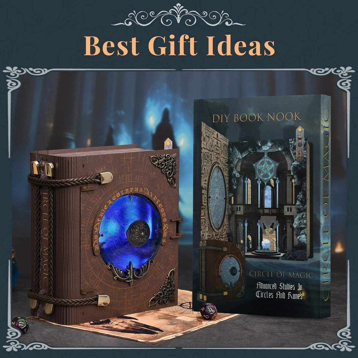 Book Nook Kit, DIY Miniature Dollhouse Magic Booknook Kit, 3D Wooden Puzzle Bookend Bookshelf with LED Light for Adults Teens (Circle of Magic)