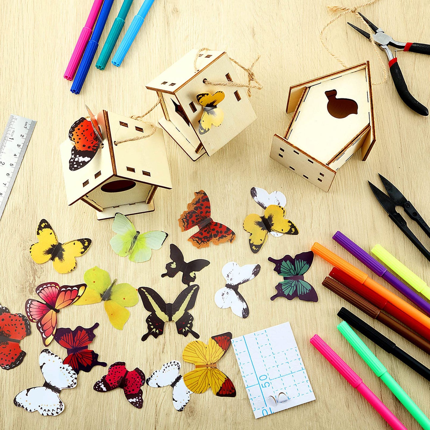 Outus 24 Pcs Wooden DIY Birdhouse Kits for Kids to Build, 4 Shapes Birdhouse Kit Wooden Unfinished with Butterfly Sticker for Boy Girl Arts Crafts(Vintage)