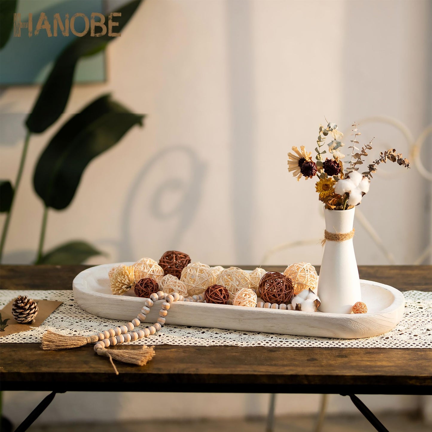 Hanobe Decorative Bowl Large Wooden: 25.5" Extra Long Wood Dough Bowls for Entry Way Table - Farmhouse Coffee Table Decor - Rustic Dining Table Centerpiece Decor, White