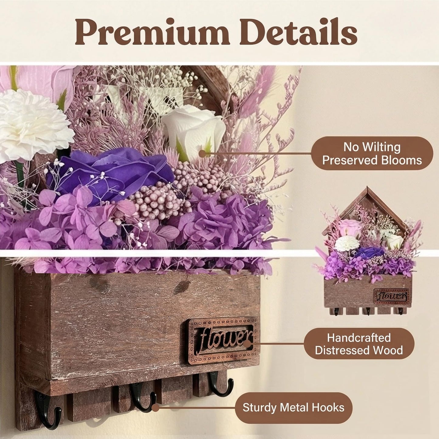 EIGHTOWN Purple Floral Wall Hooks, Farmhouse Wooden House Shape Key Holder with 3 Hooks, Artificial Soap & Dried Flower Decorative Hanger for Entryway, Living Room, Home Decor (Purple)