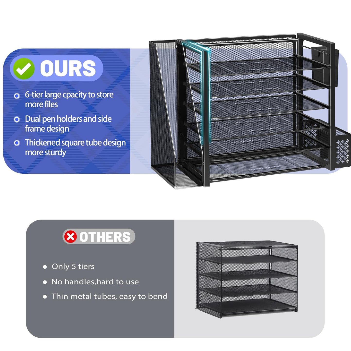 Simple Trending 6 Tier Desk File Organizer, Paper Letter Tray Organizer with File Holder and Pen Container, Black