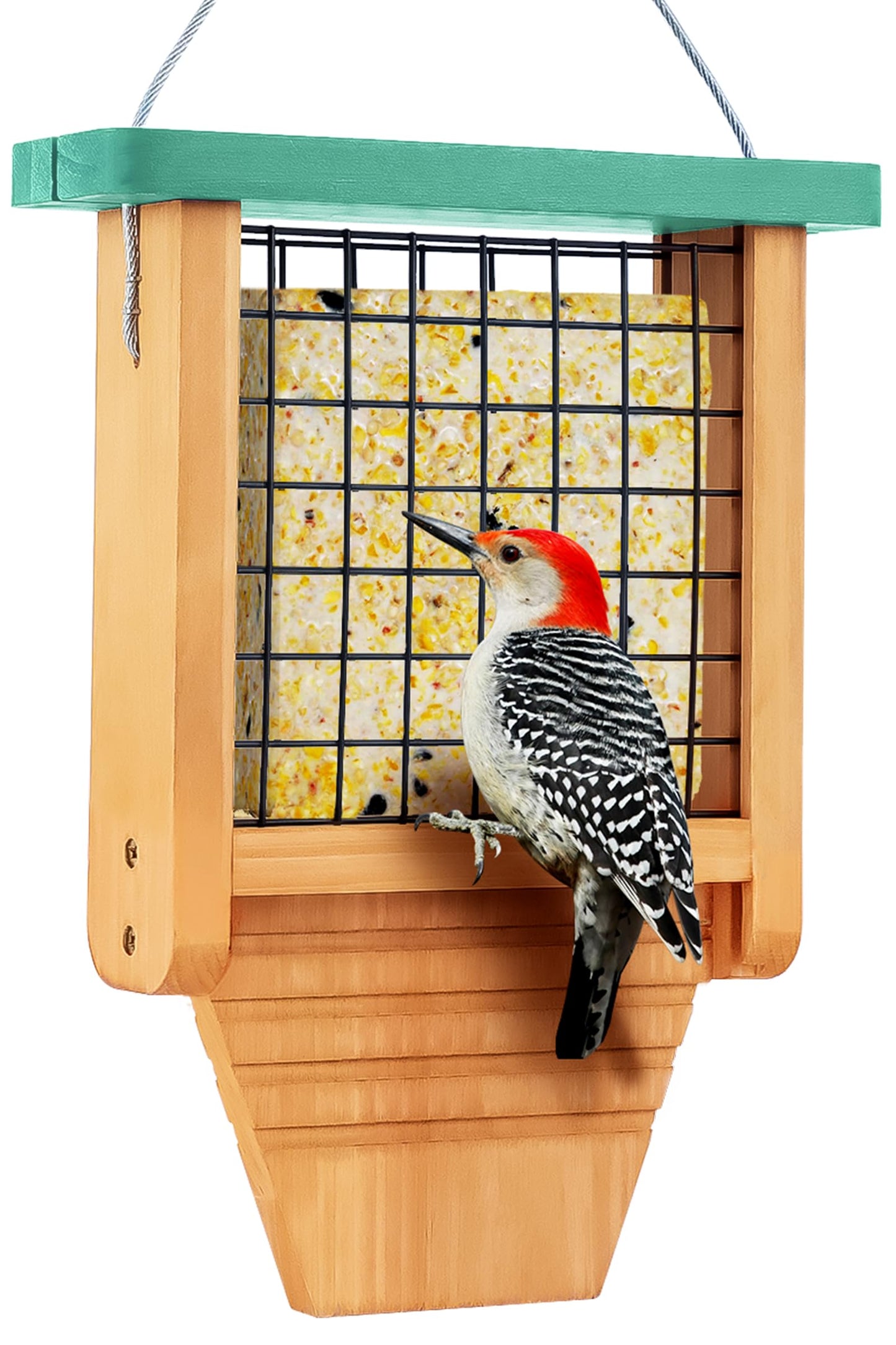 Gbekery Wooden Suet Bird Feeder for Outside Hanging, Woodpecker Suet Feeder with Tail Prop, Hanging Bird Feeder for Wild Birds, 1 Pack, Green
