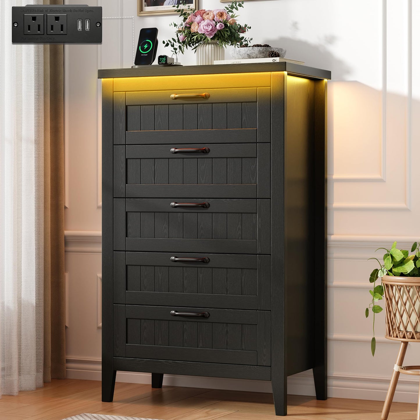 GarveeHome Farmhouse Tall 5 Drawer Dresser with Charging Station & LED Lights, Slim Wooden Bedroom Dresser, Rustic Chest of Drawers Clothes Storage Organizer for Closet Dorm Apartments, Black