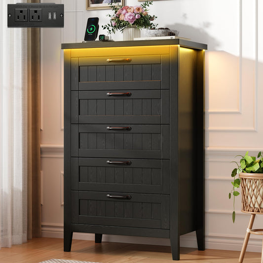 GarveeHome Farmhouse Tall 5 Drawer Dresser with Charging Station & LED Lights, Slim Wooden Bedroom Dresser, Rustic Chest of Drawers Clothes Storage Organizer for Closet Dorm Apartments, Black
