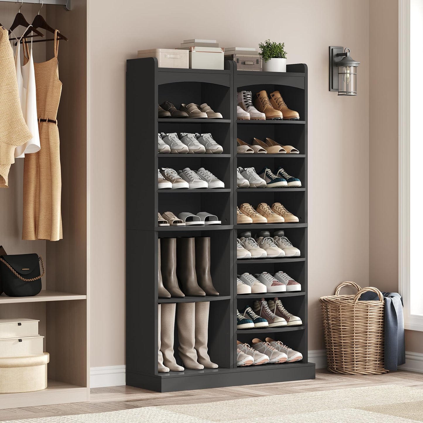 YATINEY Shoe Bench and 9-Tier Tall Shoe Rack, Wooden Shoe Storage Organizer, Narrow Shoe Cabinet with Removable Shelves for Small Spaces HX02BB-SS22BK