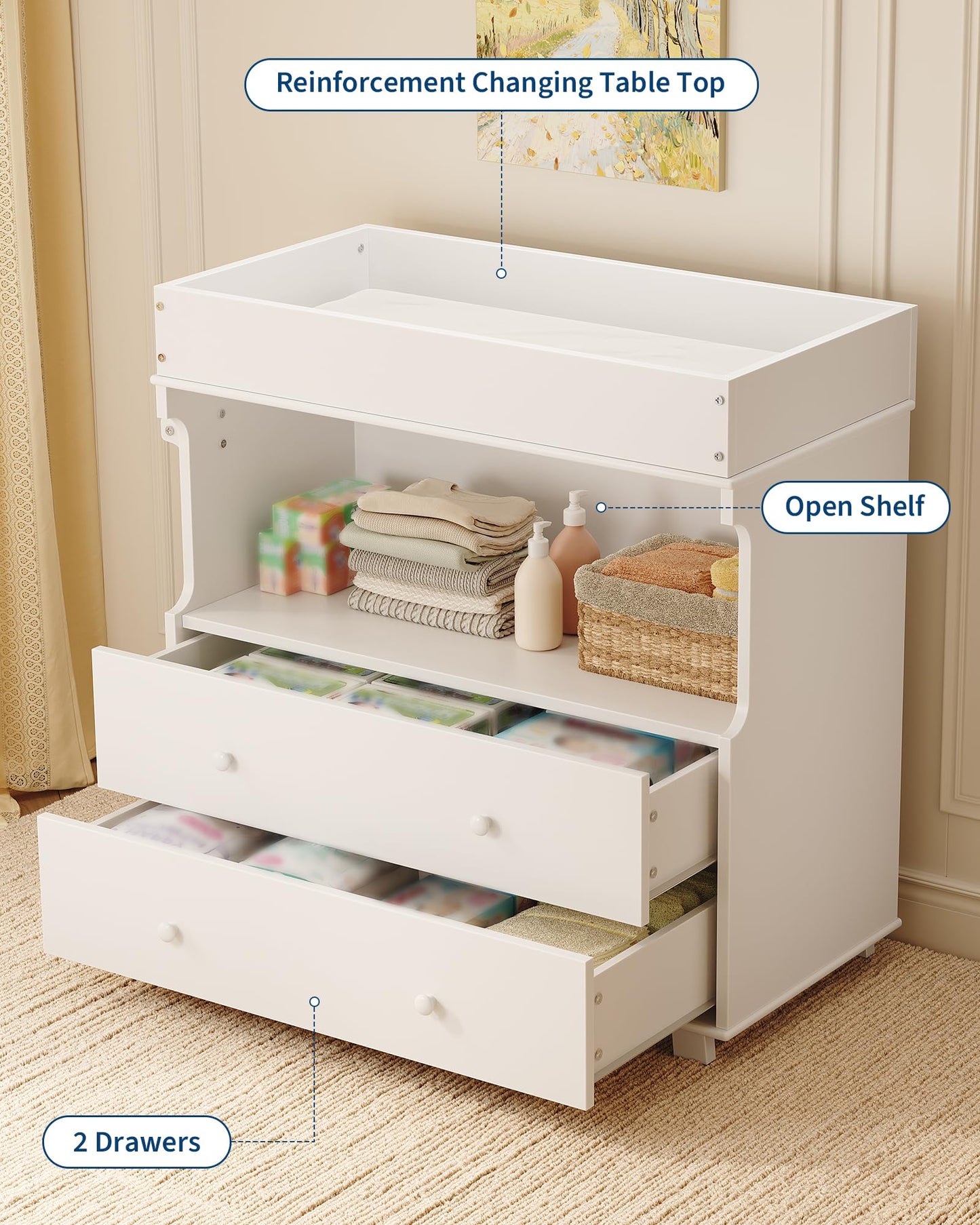 Garvee Baby Changing Table with Drawer and Storage Shelves, Heavy Duty Diaper Station for Nursery, White Wooden Changing Table with Safety Rails for Newborns