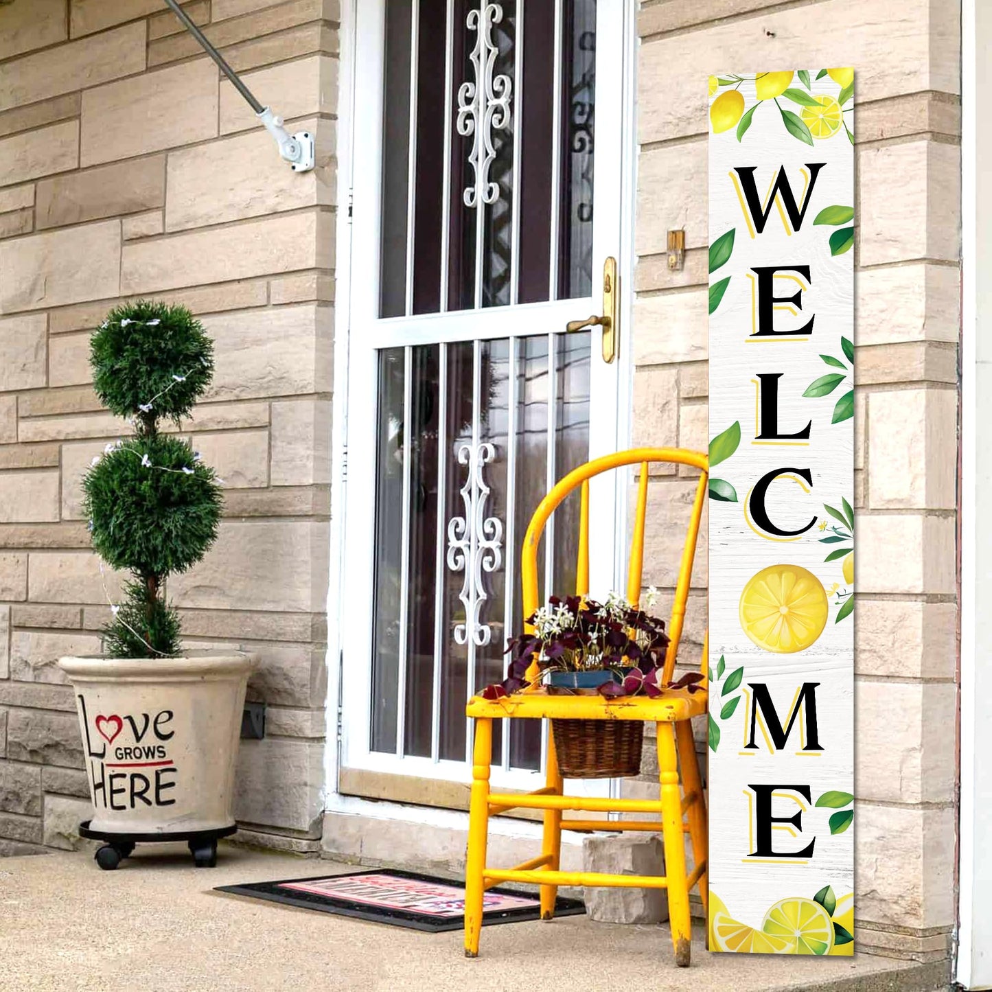 Summer Wooden Porch Sign 47" Large Lemon Welcome Sign Vertical Indoor Outdoor Standing Sign For Garden Home Yard Farmhouse