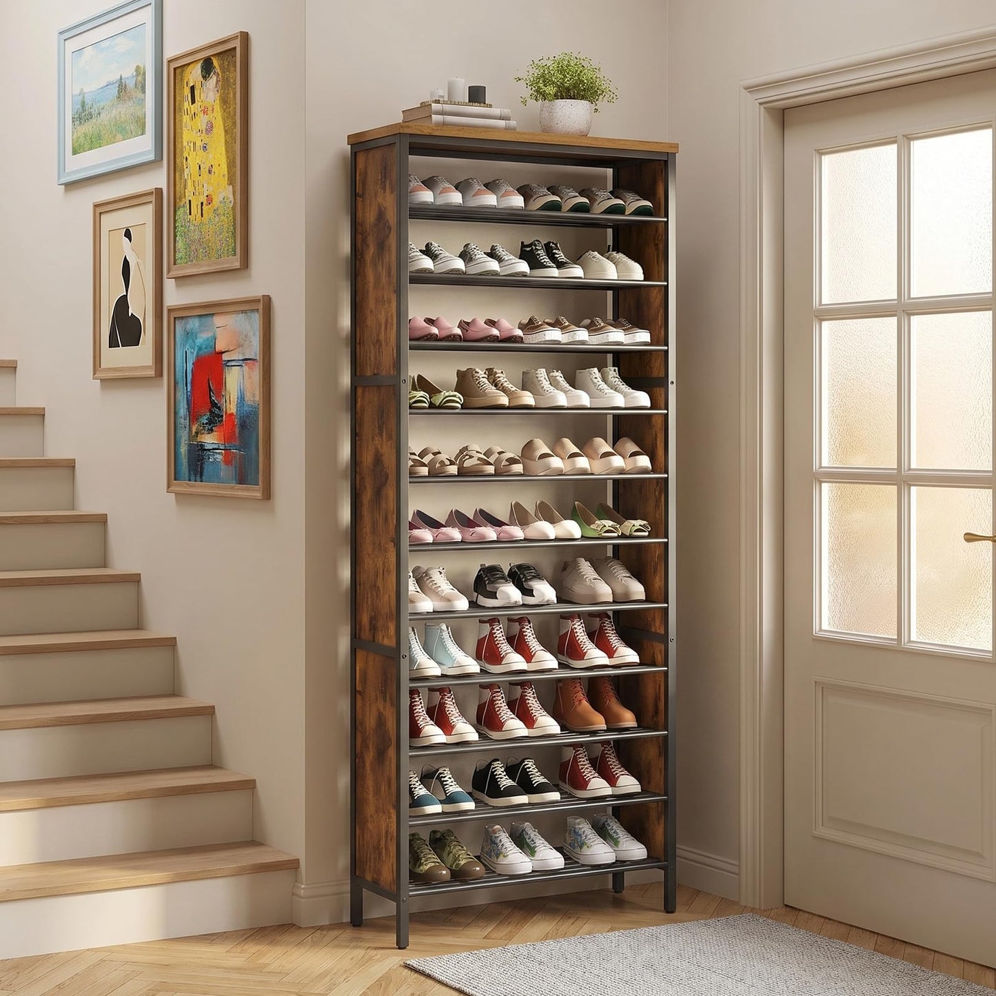 YATINEY 12-Tier Wooden Shoe Storage Organizer and 12-Tier Tall Shoe Rack, Large Shoe Storage Organizer for Closet SS212BR-SS42BR