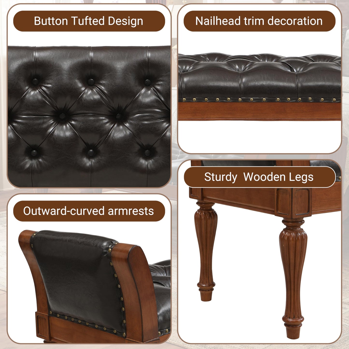 Christopher Knight Home Ionia 54'' Button-Tufted PU Leather Upholstered End of Bed Ottoman with Nailhead Trim, Wooden Living Room Ottoman Bench, Long Entryway Bench with Curved Armrest, Dark Brown