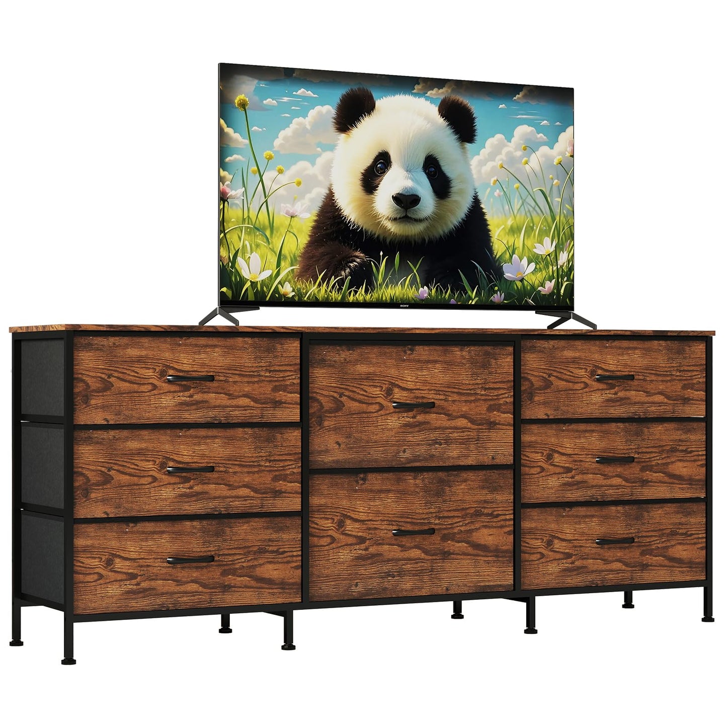 Garvee 8 Drawer Fabric Dresser TV Stand with Wooden Top, Metal Frame Storage Chest, Wide Closet Organizer for Bedroom Living Room Hallway, Natural Wood, 62.99 x 26.77 x 13.79 Inches