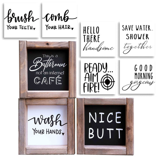 Funny Bathroom Signs Decor, Farmhouse Bathroom Decor with 9 Interchangeable Sayings, Rustic Accessories for Restroom Shelf Decor Sign for Kids Bathroom 6x6"，Black and White Restroom Decorations