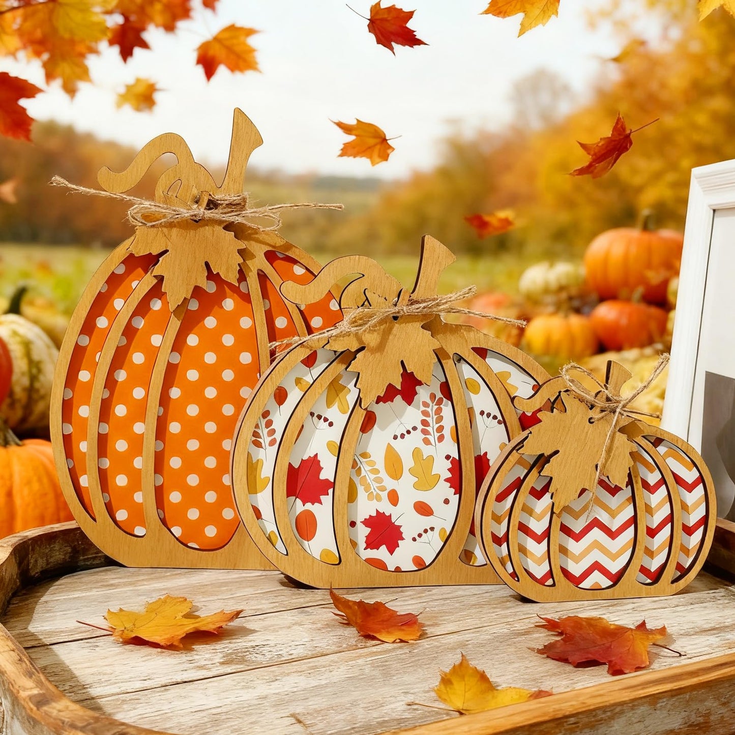 EMINGSKY Fall Decor 3PCS Wooden Pumpkin - Autumn Farmhouse Self Sitters, Small Decor for Home Shelf Table Tiered Tray Mantel Office
