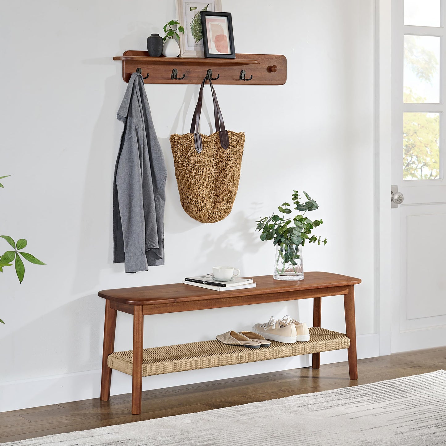 Alaterre Furniture Calais Collection Entryway Bench and Coat Rack - Solid Acacia Wood Mid-Century Modern Entryway Furniture (Chestnut)