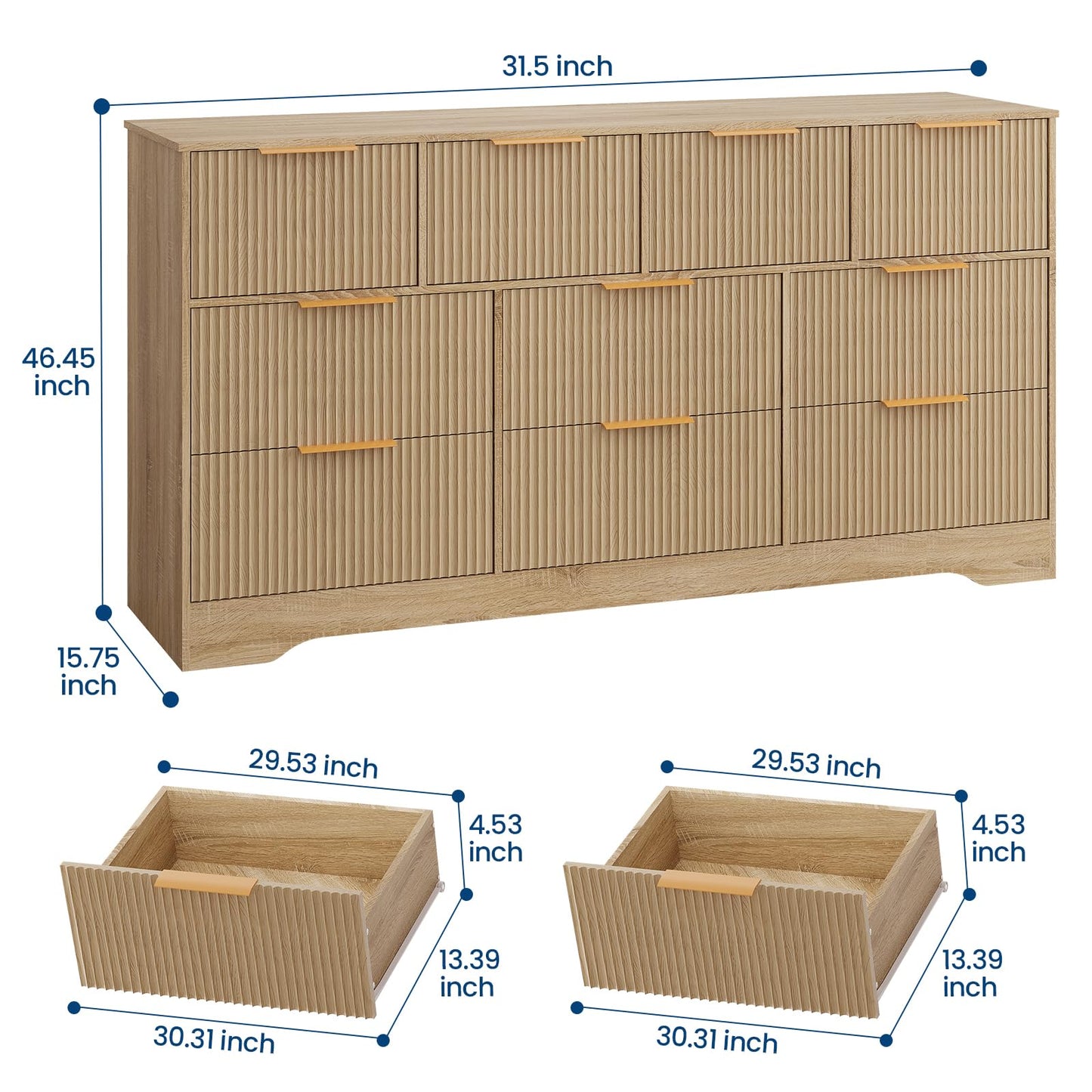 Patikuin 59" Fluted 10 Drawer TV Stand, Wooden Dresser TV Stand with Organizer Storage for Living Room, Bedroom, Office, Natural