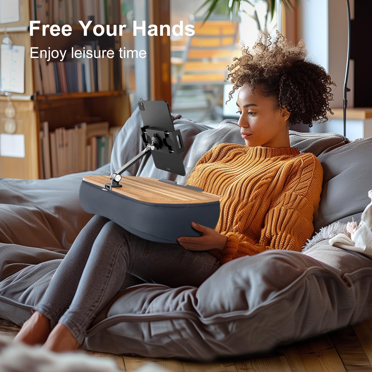 ERGONOV Lap Cozy Kindle Pillow Stand for Bed with Adjustable Arm, 360° Tablet Holder, Fits 4.7"-13" Kindle, iPad, Phone, Lap Desk for Hands Free Reading in Bed, Couch, Sofa,Gray