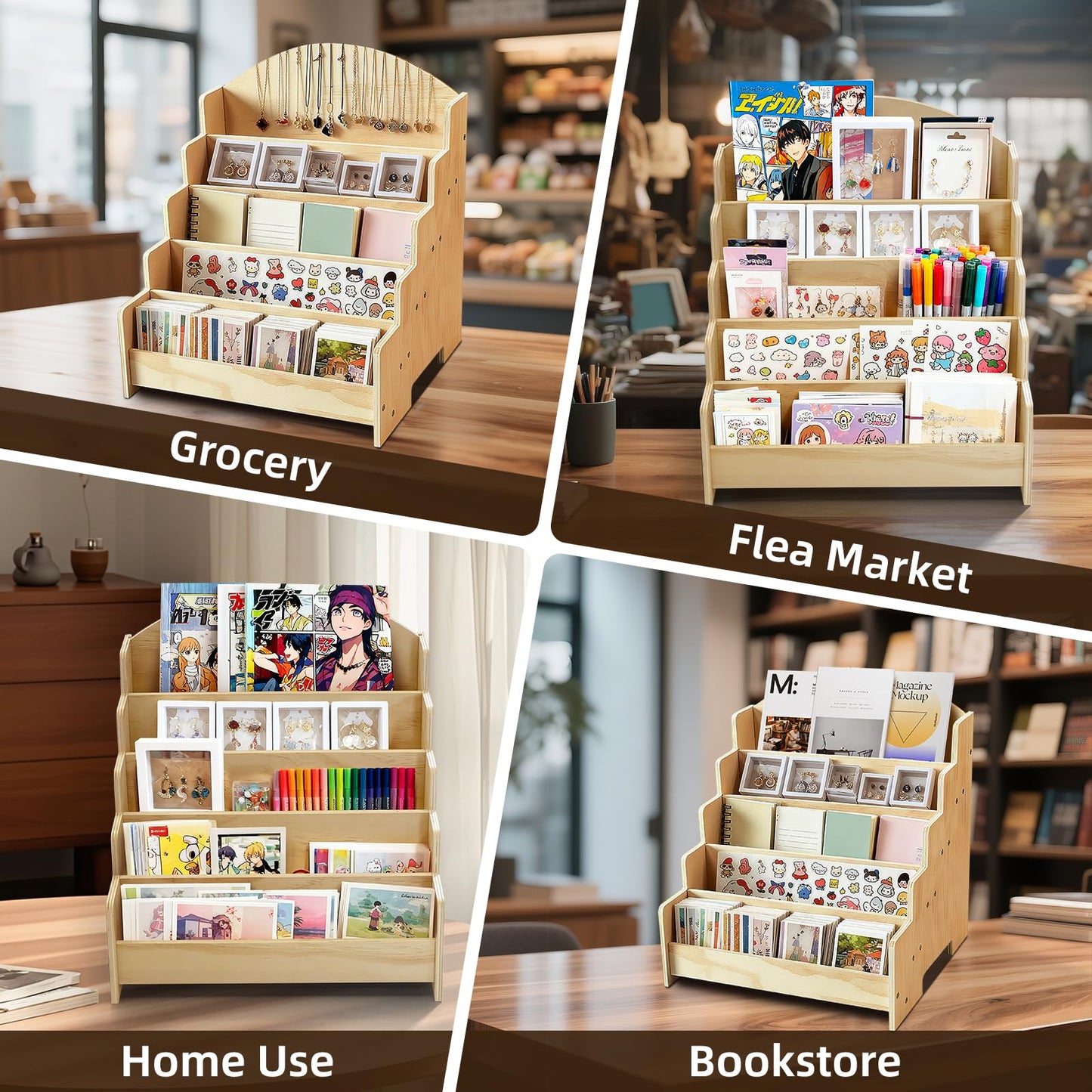 5-Tier Greeting Card Display Stand, Wooden Rack Holder for Display Postcards, Cards, Brochure and Stickers, Also for Vendors, Counter Retail