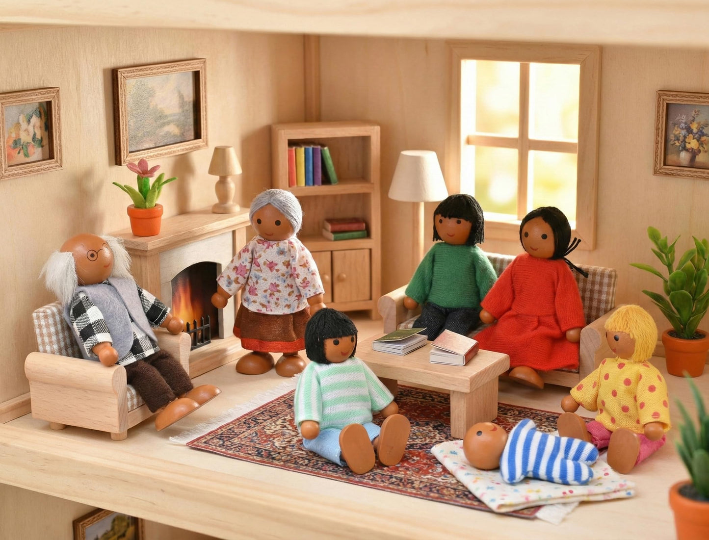 Jzszera 15 Pcs Wooden Dollhouse People with Movable Limbs, Doll House Family Figures for Educational Pretend Play