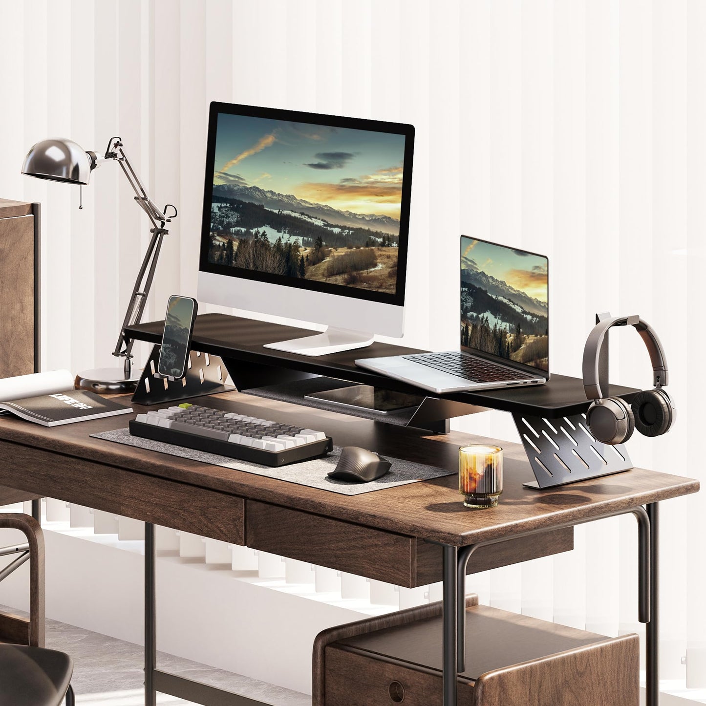 Fenge Dual Monitor Stand, 42.5 Inch Monitor Riser for Desk, Wood Desk Shelf for 2 Monitors, 2 Tier Monitor Shelf with Headphone Stand & Phone Holder