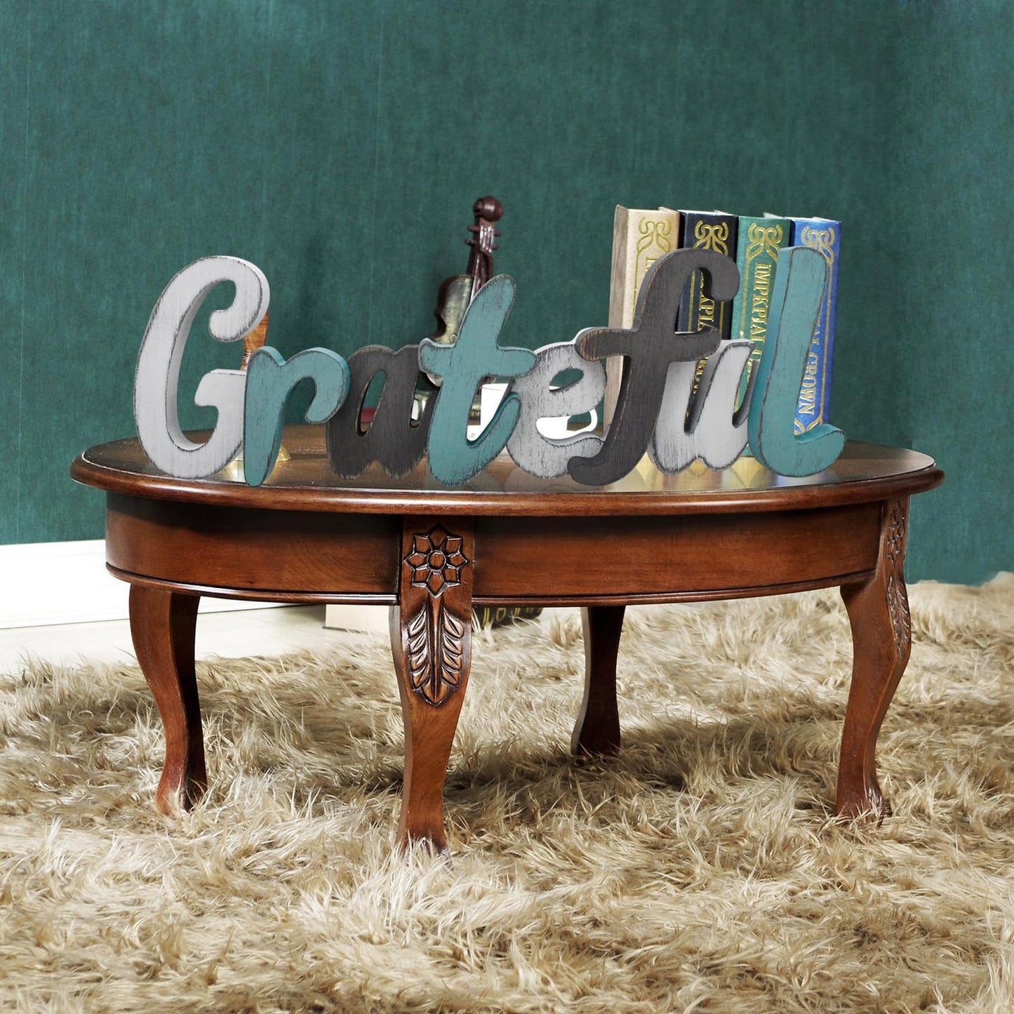Rustic Wooden Teal Home Sign Decorative Cutout Letters Freestanding Block Word Sign Hanging Ornament Table Shelf Decor (Grateful)