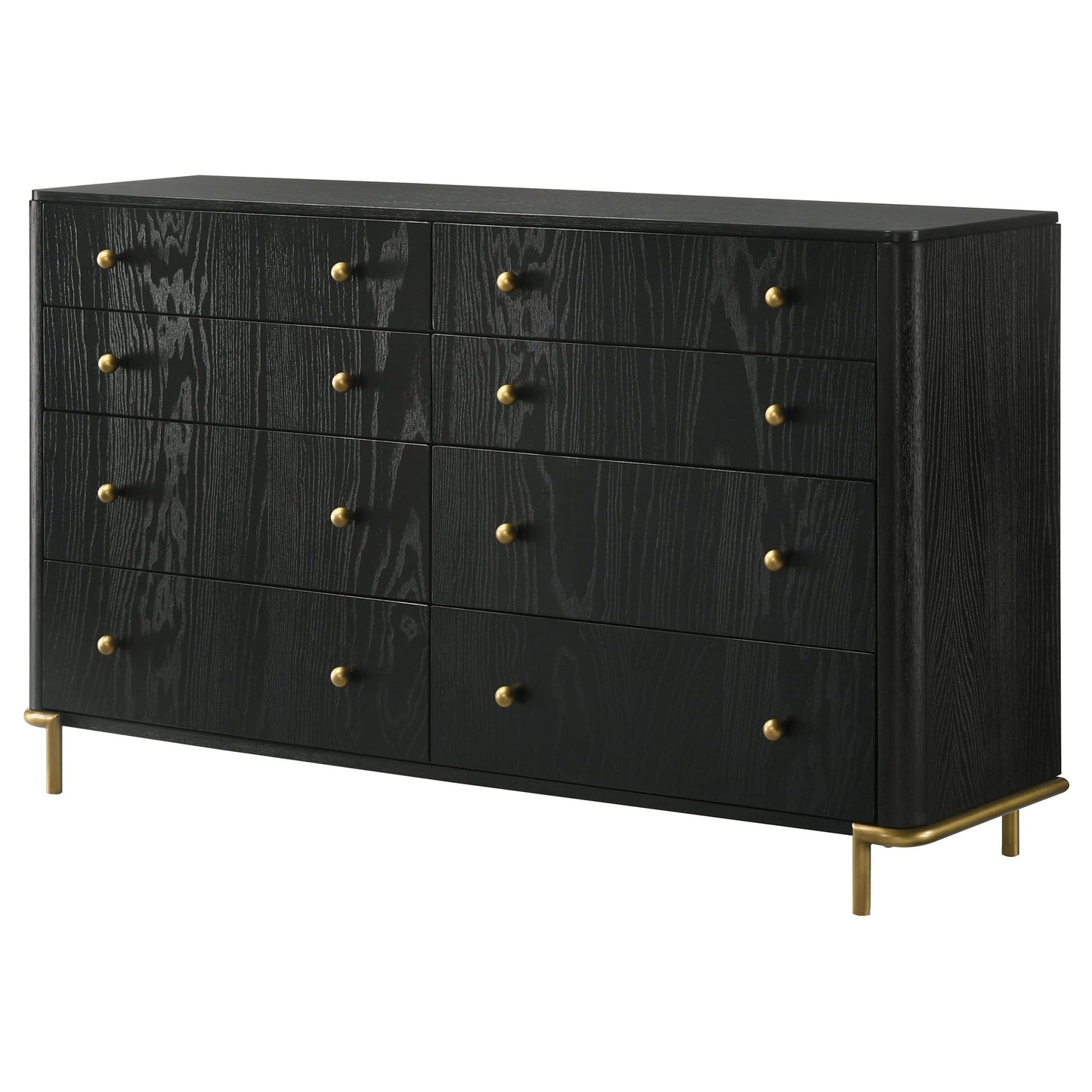 Coaster Home Furnishings - Arini - Wood - 8-Drawer Dresser with Felt-Lined Top, Round Ball Knobs, Metal Glides, Gold Base, Wire-Brushed Details, Coastal Style - Bedroom - Black - 224333