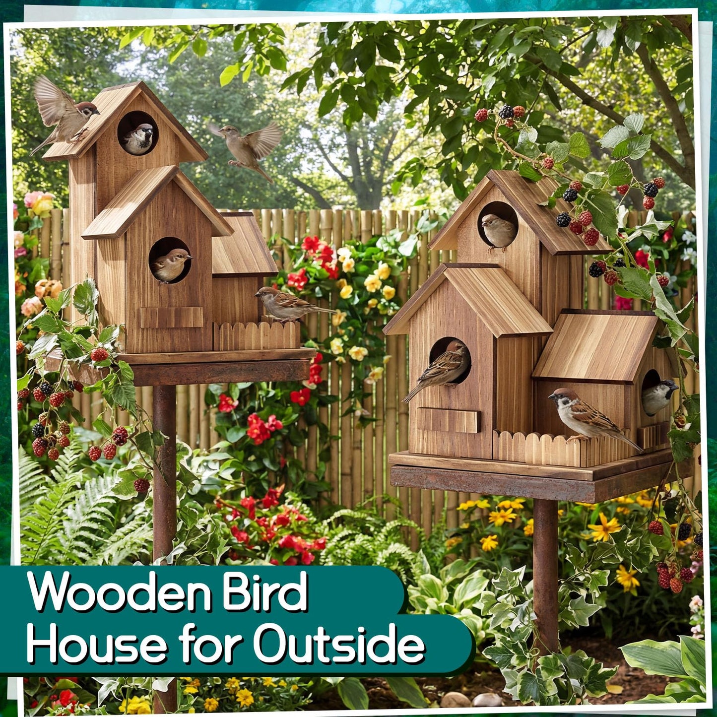 AceOrbit 2 Pcs Bird Houses for Outside 3 Hole Wooden Bird House 7.48 x 5.91 x 5.91 Garden Backyard Decor Weather Resistant Birds Shelter Rustic Outdoor Hanging Birdhouse for Bluebird Finche Cardinal