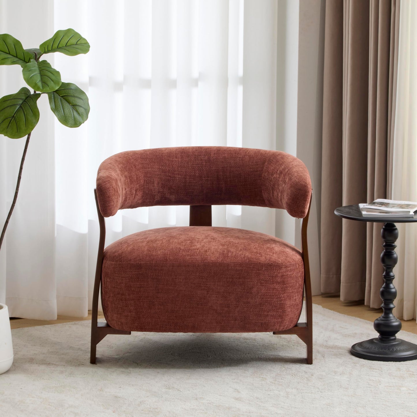 Christopher Knight Home Kled Upholstered Lounge Chair Indoor with Wooden Frame, Modern Accent Chair for Living Room, Comfy Reading Armchair with 3 Legs Design, Thick Cushions, Coral + Walnut