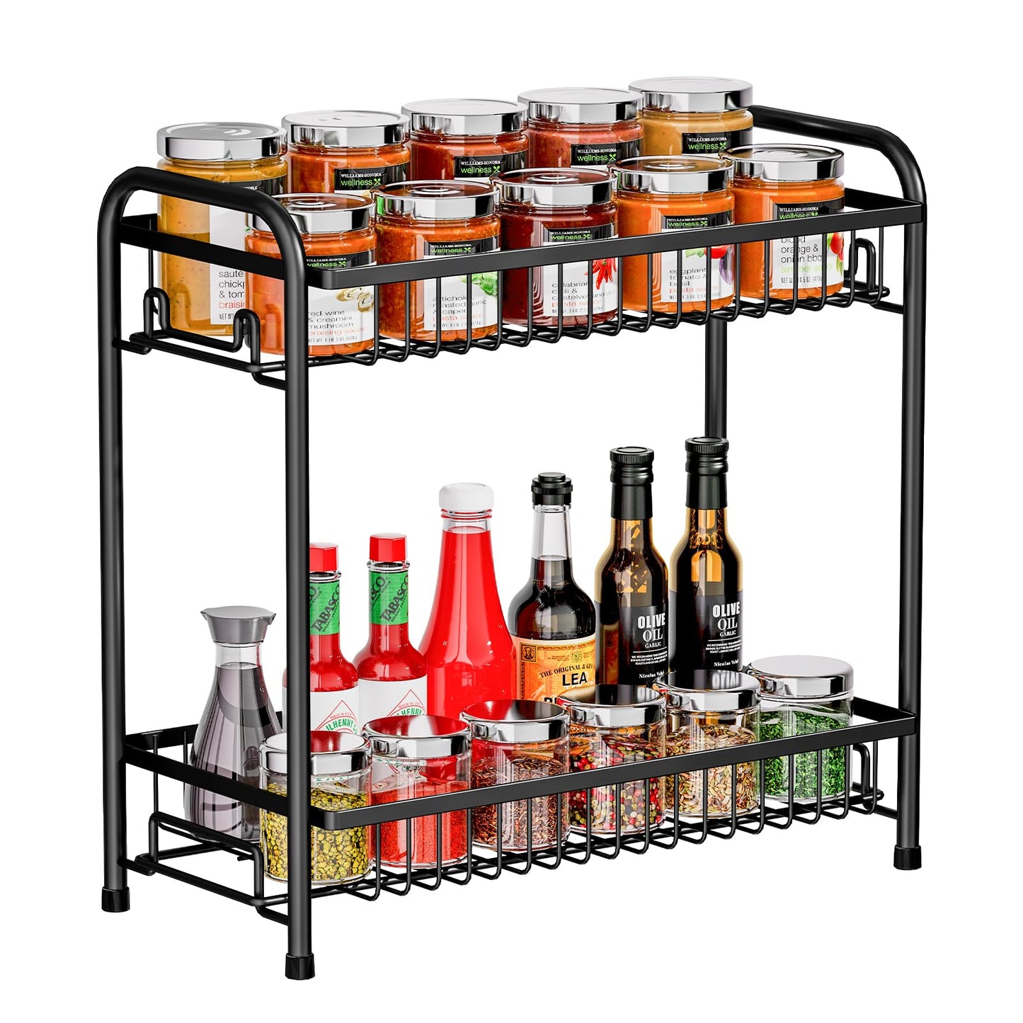 AURIKAR Spice Rack for Countertop, 2-Tier Standing Sturdy Metal Seasoning Organizer Holder, Space Saving Spice Shlef for Kitchen, Cabinet, Pantry Storage, Easy Assembly, Black