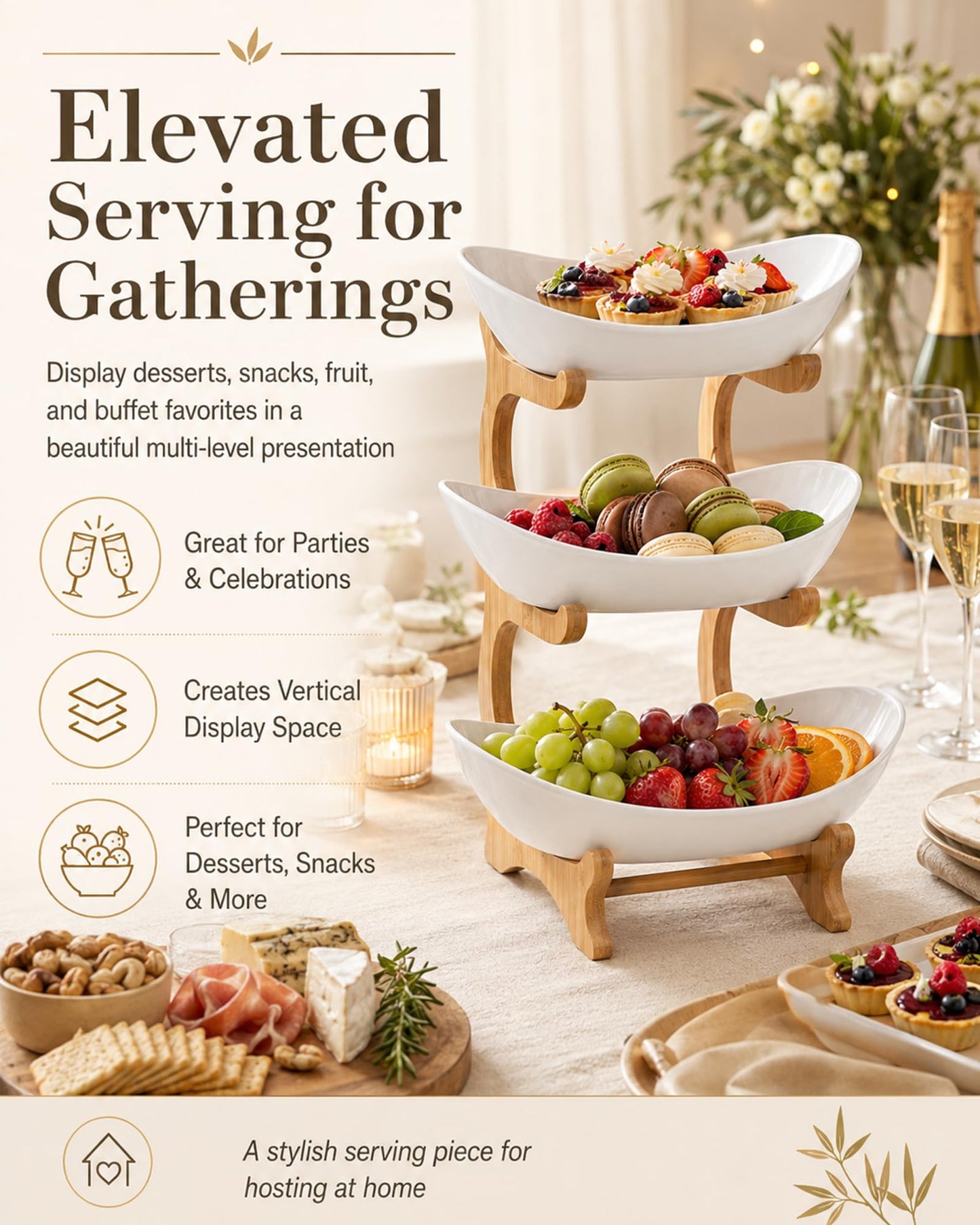 Tier Countertop Organizer, Fruit Bowl with Bamboo Wood Stand for Kitchen Counter, Snack Dessert Cake Tray Plate Rack for Party Wedding, Basket for Vegetable Storage, Salad Buffet Server(3 Tier White)