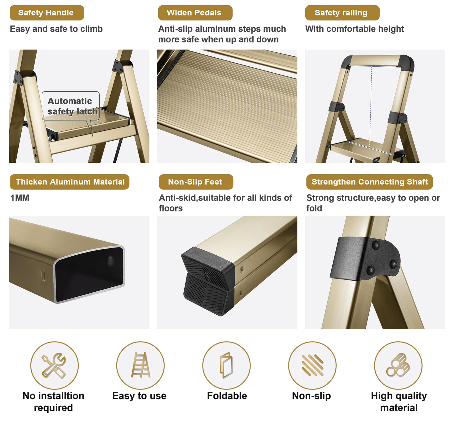 BIBKOKE Step Ladder 3-Step Champagne Finish Aluminum Folding Ladders