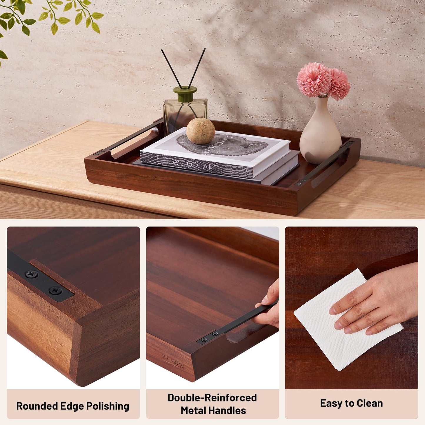 Acacia Wood Tray - 17X13 Large Ottoman Decorative Wooden Trays with Handle for Coffee Table, Kitchen Counter and Living Room - Rectangle Serving Tray for Countertop