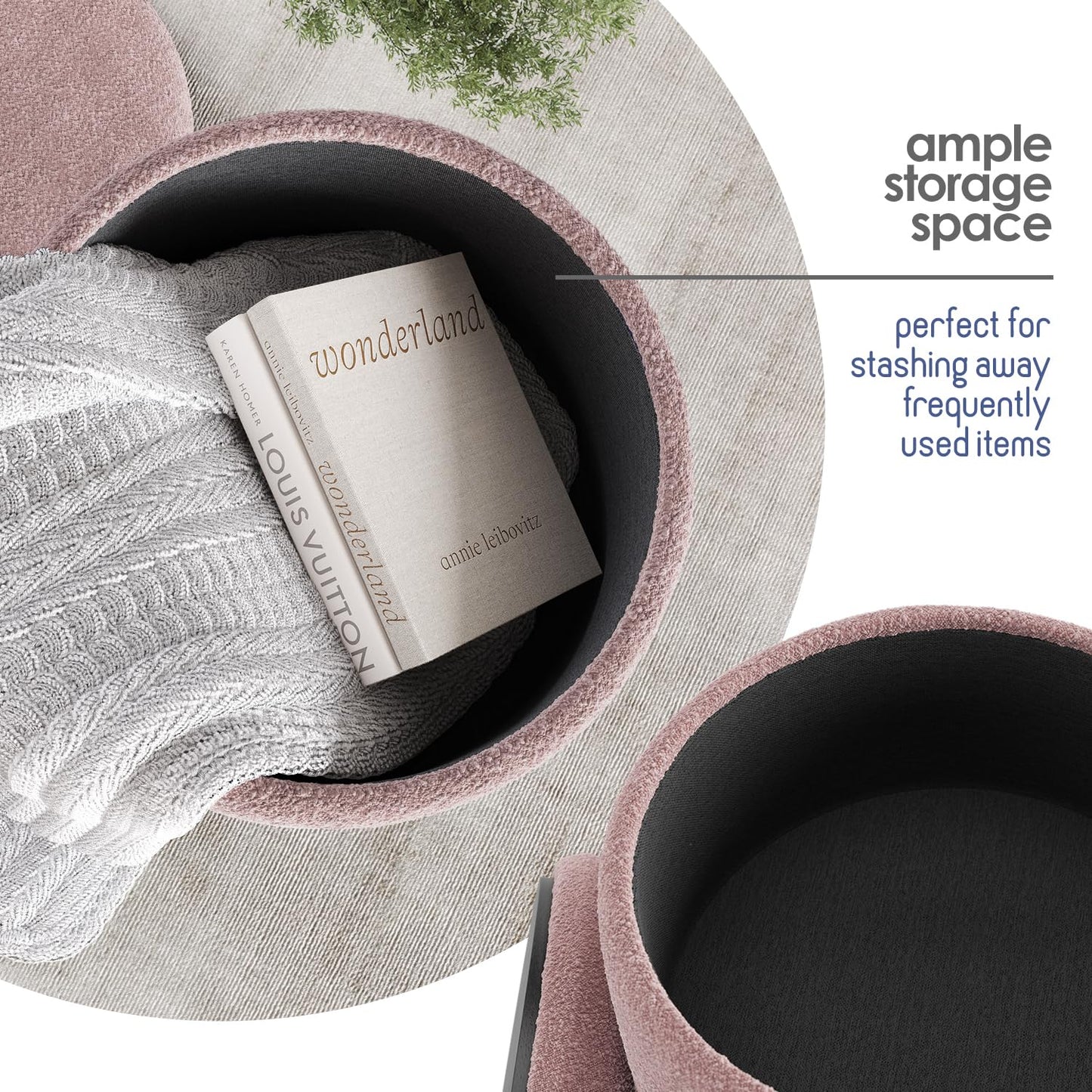 STORAGEBUD Round Ottoman with Storage, Boucle Storage Ottoman, Foot Stool Ottomans, Makeup Vanity Stool, Small Ottomans Foot Rest, Modern Vanity Stools for Living Room and Bedroom, Pink