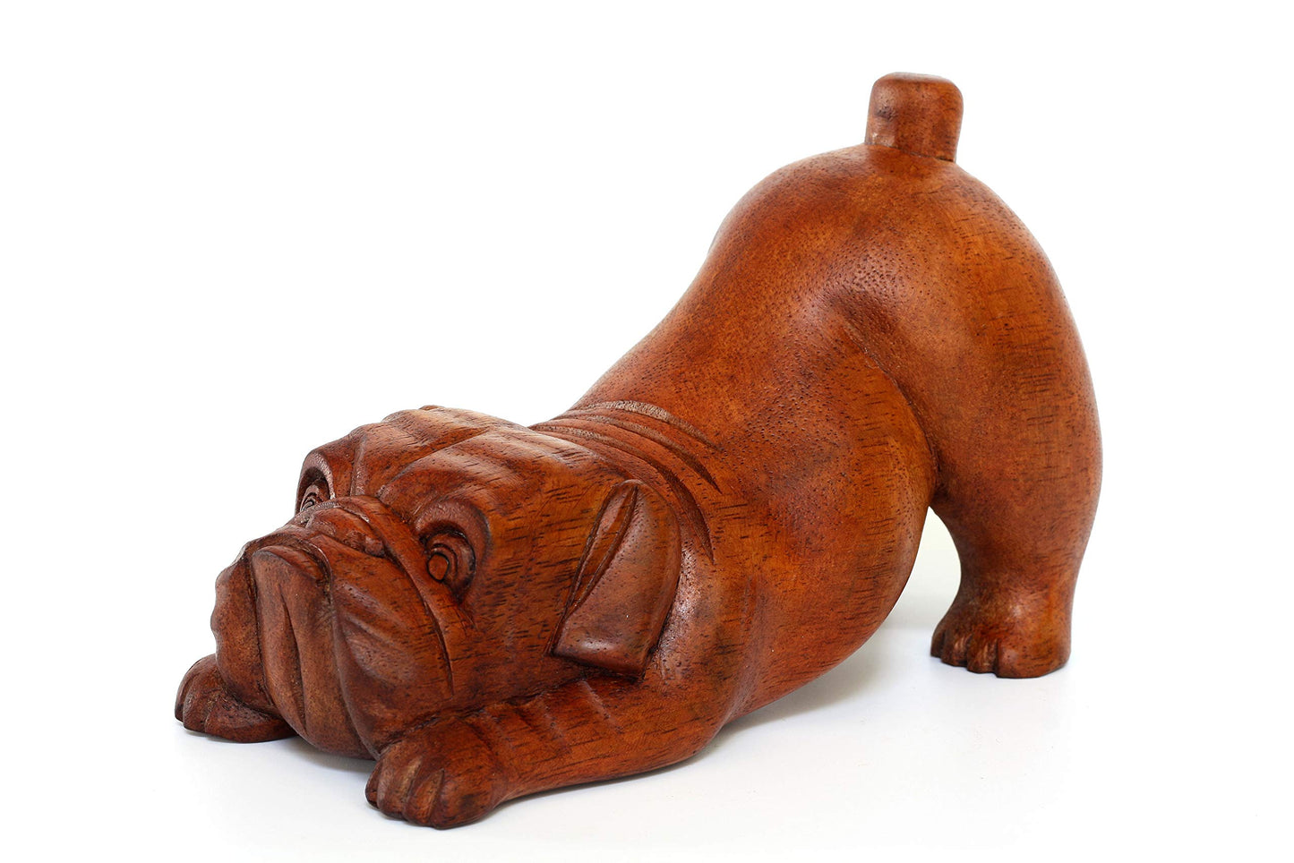 G6 Collection Wooden Hand Carved Crouching English Bulldog Statue Figurine Sculpture Art Decorative Rustic Home Decor Accent Handmade Handcrafted Wood Decoration Gift Dog Artwork,