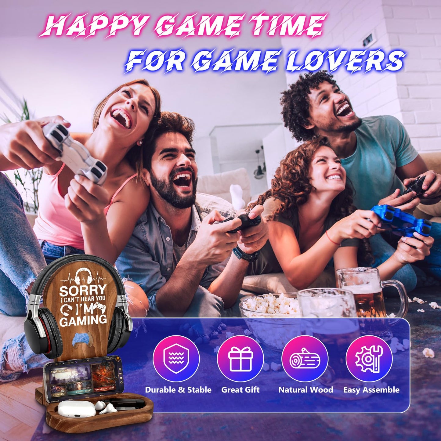CryCarrot Gamer Gifts for Men Teenage Boys Birthday Fathers Day, Headphone Stand Gaming Birthday Gifts for Him Men Son Boyfriend Brother, Gamer Lovers Room Decor Stuff Wooden Headset Holder