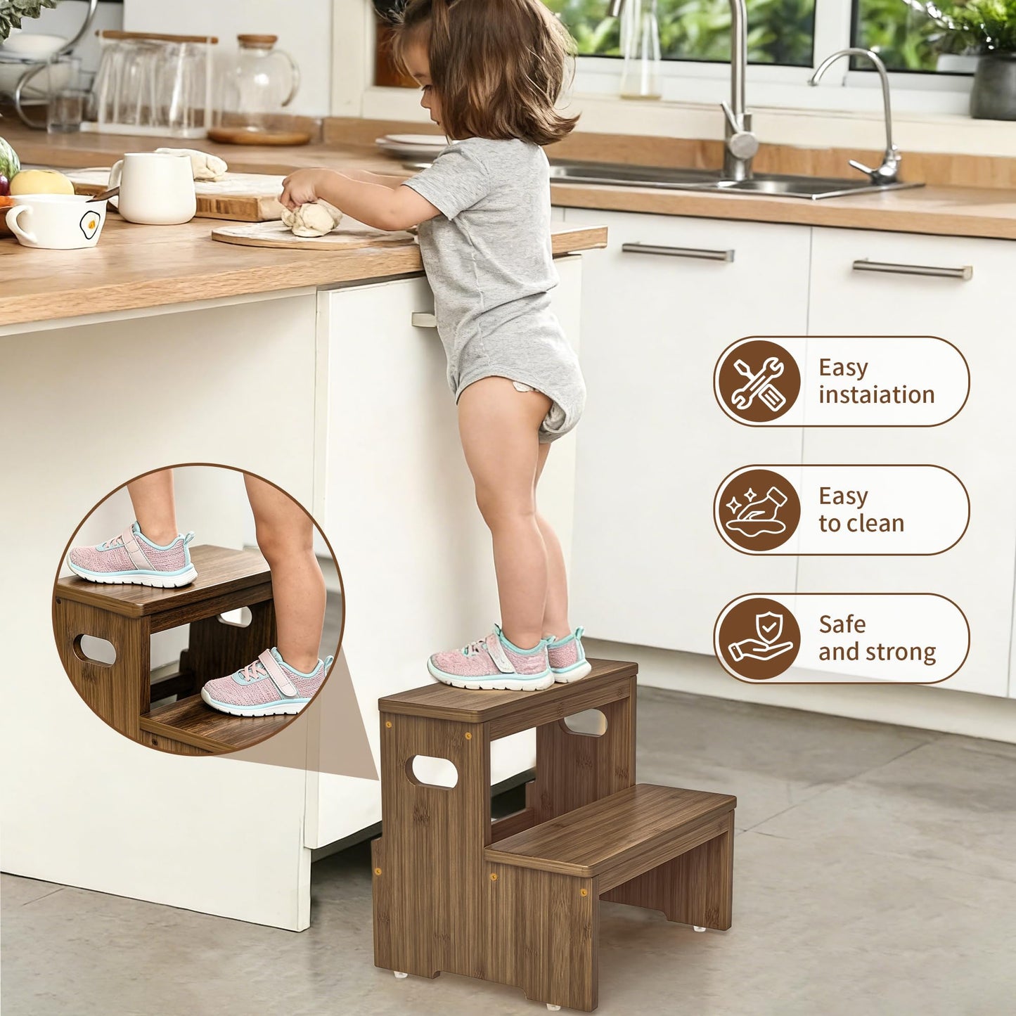 Aiowhy Two Step Stool for Adults and Kids, 450lbs Heavy Duty Step Stool, Bamboo Step Stool for High Beds, Portable Helper Step Stairs for Kids, for Kitchen, Bathroom, RV, Bedside Step Stool, Walnut
