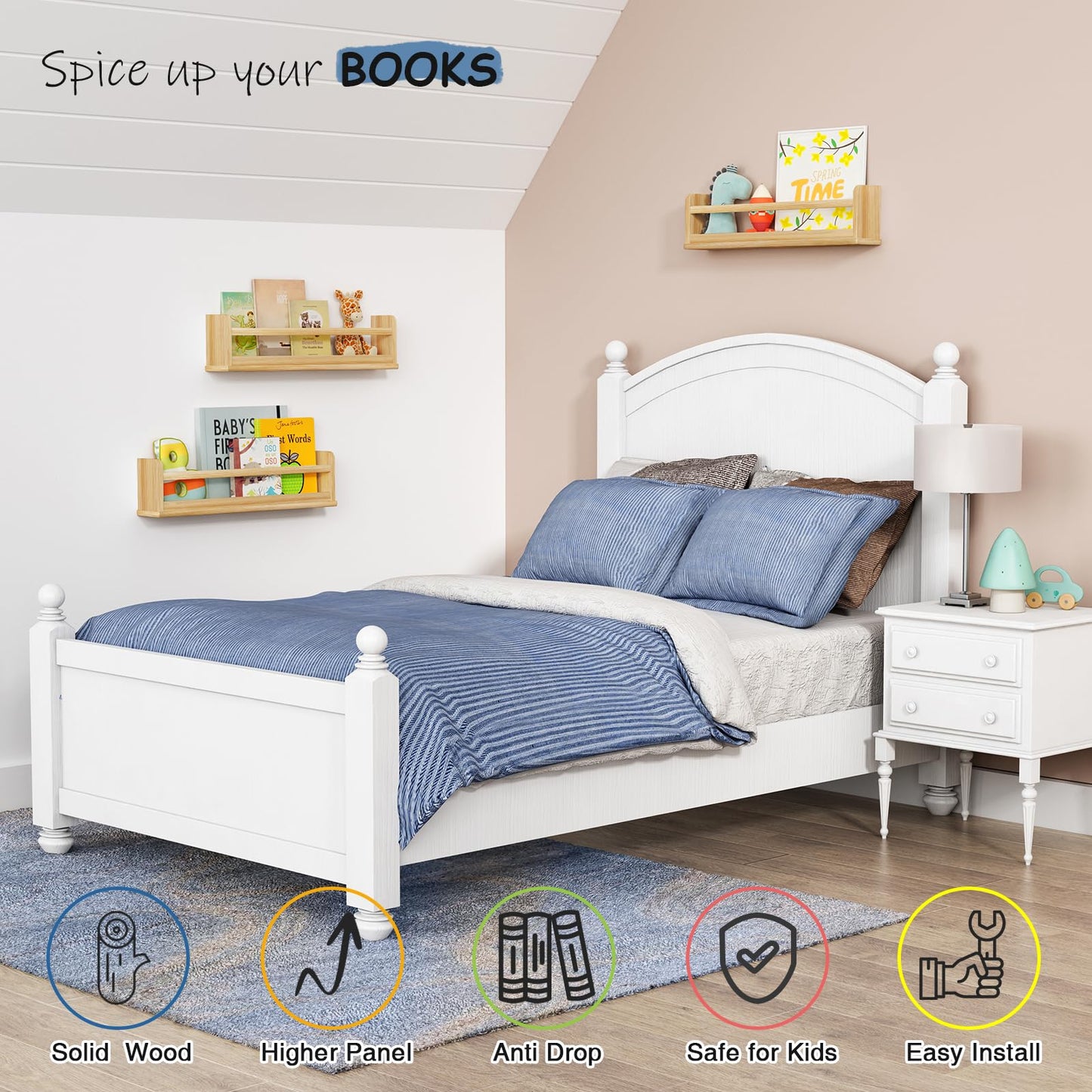 Harwaya Natural Wood Wall Bookshelf for Kids Bedroom Set of 3, 24 Inch Wooden Floating Nursery Book Shelves for Baby Boy Girl Room, Wall Mounted Toddler Book Shelf for Toy Organizers and Storage