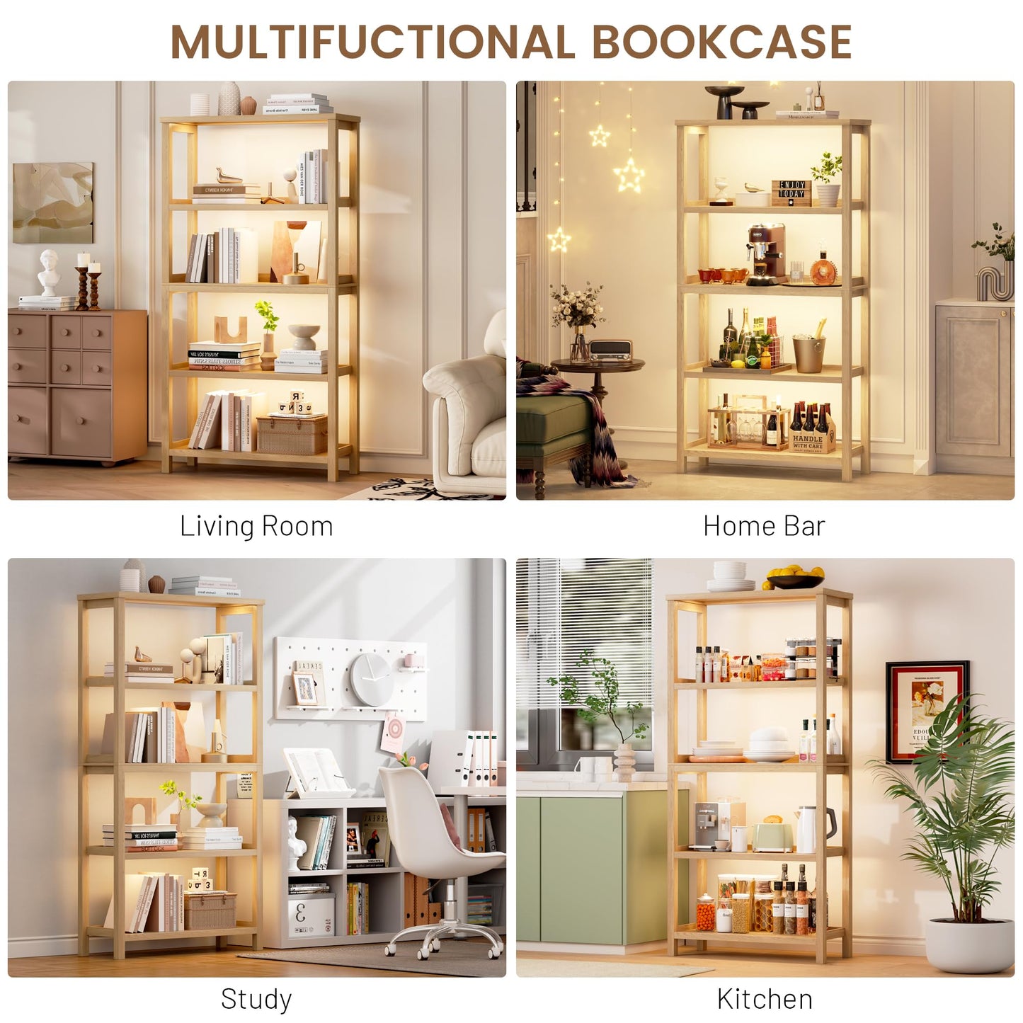 Vlsrka Wooden Bookshelf with Lights, 5 Tier Bookshelf with Storage, Tall Bookcase with Open Shelves, Standing Bookshelves Display Rack for Living Room, Home Office, Brown