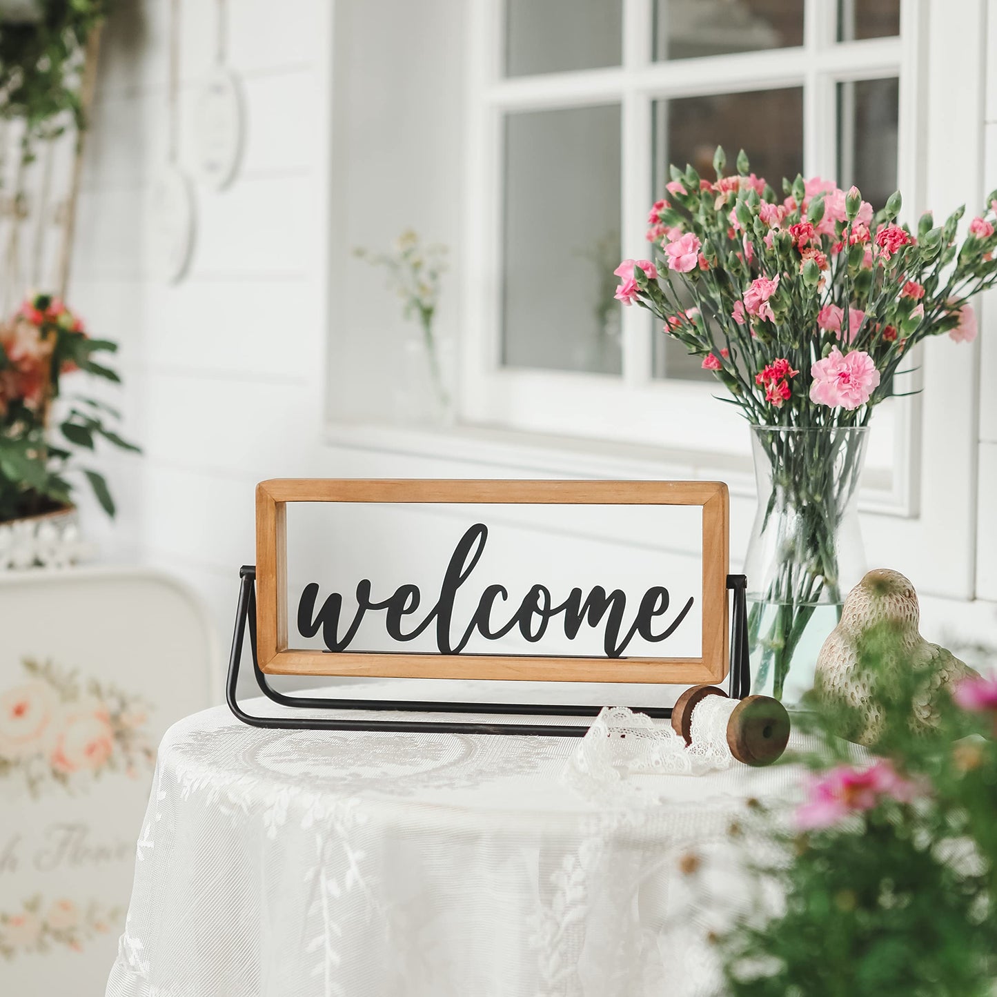 NIKKY HOME Wooden Welcome Sign, Rustic Table Signs Freestanding Word Sign Decorative Cutout Welcome Letters Sign for Home Ornament Entryway Living Room Indoor Decor