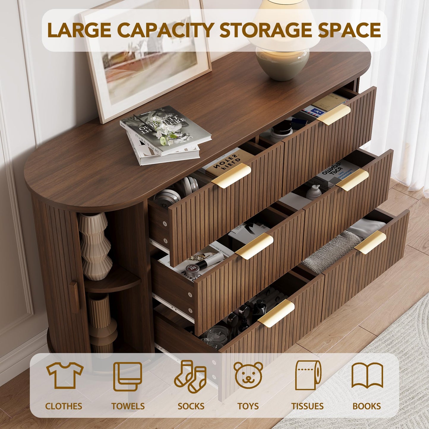Decofy Fluted 6 Drawers Dresser, 55'' Wide Mid Century Modern Chest of Drawers with Sliding Door & Metal Handles, Curved Profile & Sturdy Legs, Wood TV Stand for Bedroom, Living Room (Walnut)